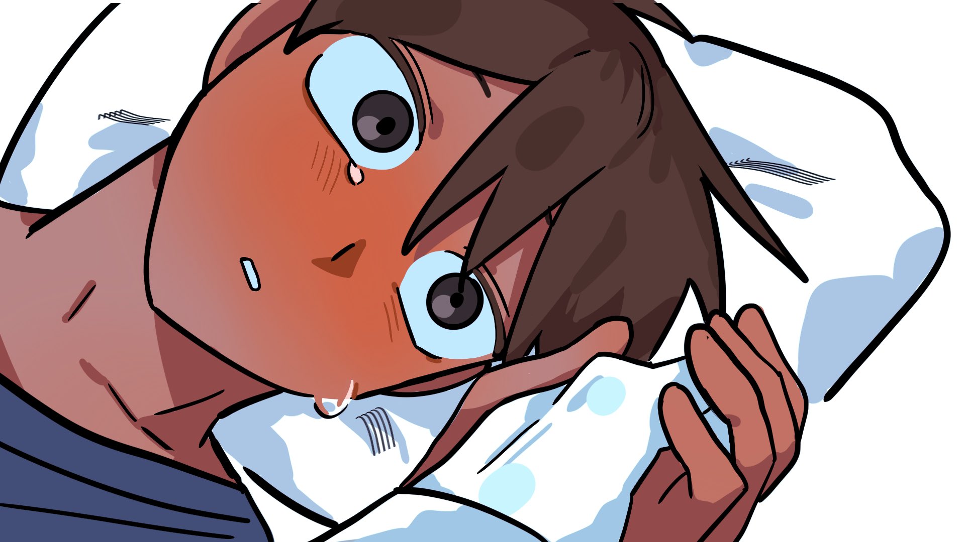 hero (faraway) (omori), hero (omori), mari (omori), mari (spirit) (omori), omori, hashtag-only commentary, highres, 1boy, 1girl, 2g7oo, blue shirt, blush, brown eyes, brown hair, collarbone, colored skin, dark-skinned male, dark skin, double-parted bangs, hair behind ear, hair between eyes, head on pillow, holding hands, long sleeves, looking at another, looking at viewer, male focus, nose blush, parted lips, pillow, portrait, pov, pov hands, shirt, short hair, simple background, solo focus, tearing up, very short hair, white background, white shirt, white skin