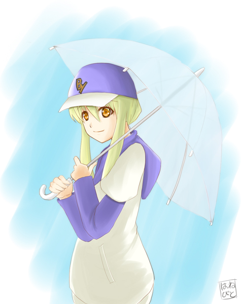 fukakiri hanebito, amber (darker than black), darker than black, 00s, 1girl, baseball cap, blonde hair, blush, female focus, hat, looking at viewer, red eyes, short hair, sidelocks, solo, standing, umbrella