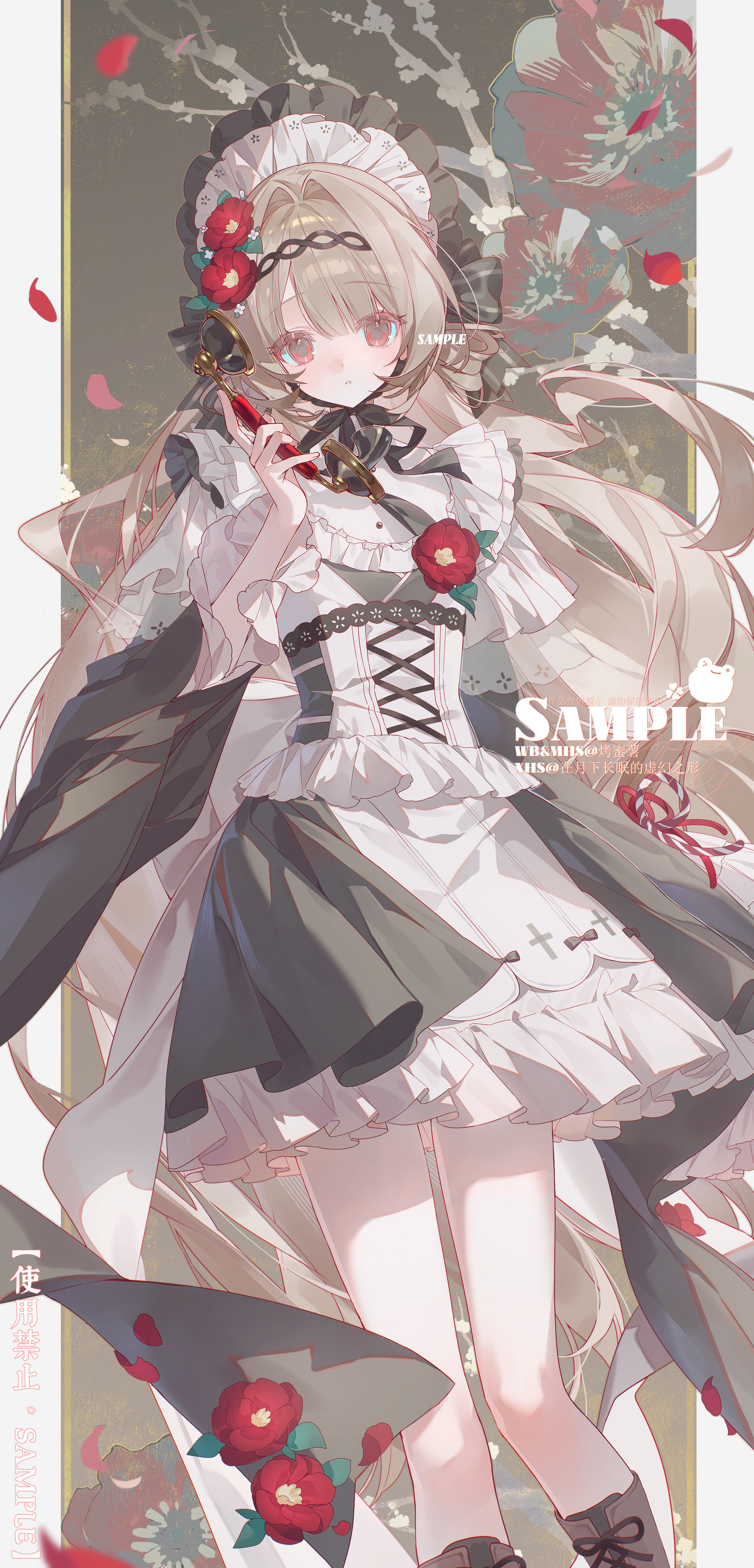 original, absurdres, commission, highres, 1girl, 845322634, blush, dress, flower, hair ornament, long hair, looking at viewer, red flower, solo, watermark, white dress