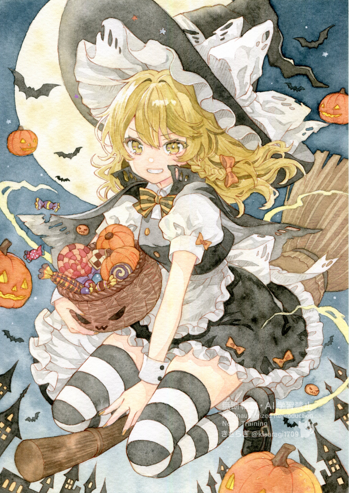 kisarush, kirisame marisa, touhou, commentary request, highres, painting (medium), traditional media, watercolor (medium), 1girl, apron, bat (animal), black cape, black hat, black shoes, black thighhighs, blonde hair, bow, bowtie, braid, broom, broom riding, candy, cape, checkerboard cookie, cookie, embellished costume, food, full moon, grin, hair bow, halloween, halloween costume, hat, hat bow, horizontal-striped thighhighs, jack-o'-lantern, loafers, lollipop, long hair, moon, orange bow, orange bowtie, puffy short sleeves, puffy sleeves, shoes, short sleeves, side braid, single braid, smile, solo, swirl lollipop, thighhighs, twitter username, two-tone thighhighs, waist apron, watermark, white bow, white thighhighs, witch hat, wrist cuffs, yellow eyes