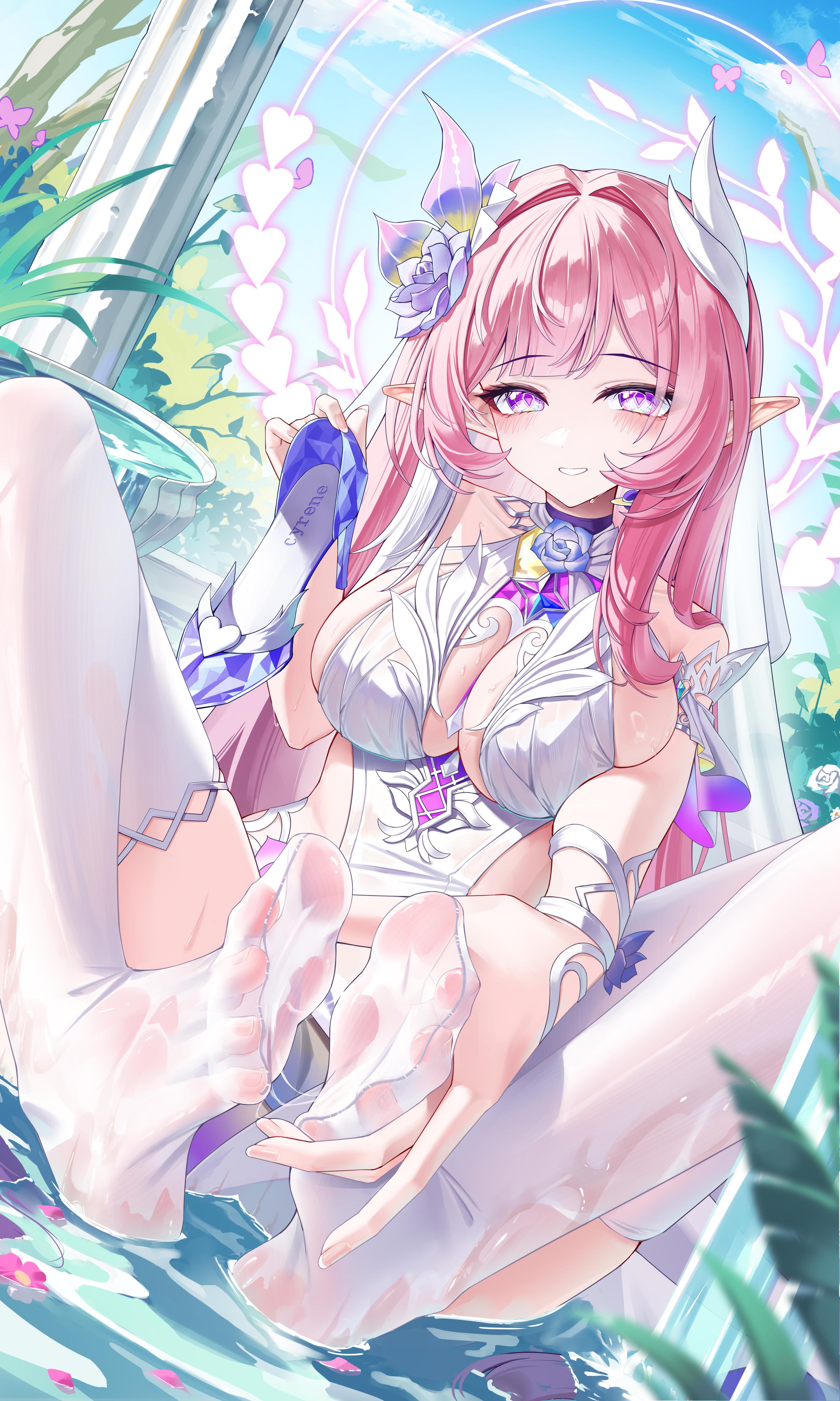 jndfh, cyrene (honkai: star rail), cyrene (ripples of past reverie) (honkai: star rail), honkai: star rail, honkai (series), absurdres, commentary request, highres, variant set, 1girl, breasts, cleavage cutout, clothing cutout, cum, cum on body, cum on feet, cum on legwear, diamond-shaped pupils, diamond (shape), dress, feet, flower, foot focus, hair flower, hair ornament, halo, large breasts, long hair, looking at viewer, pink hair, pointy ears, purple eyes, sitting, smile, solo, symbol-shaped pupils, thighhighs, toes, very long hair, white dress, white thighhighs