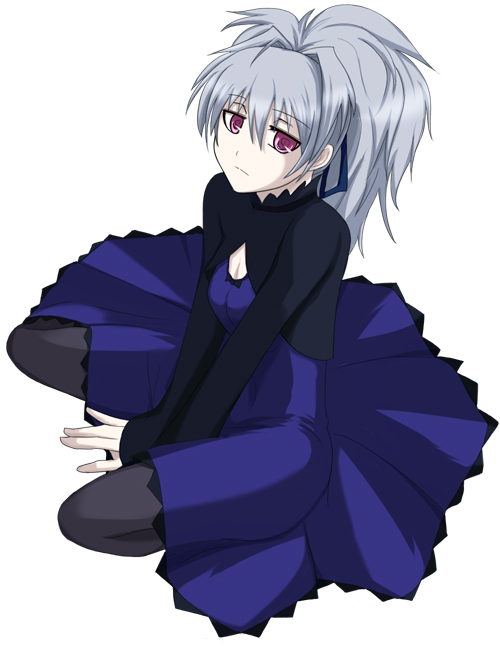 fukakiri hanebito, yin (darker than black), darker than black, silver hair, 00s, 1girl, blue dress, breasts, cleavage, dress, female focus, hair ribbon, pantyhose, ponytail, ribbon, sitting, small breasts, solo