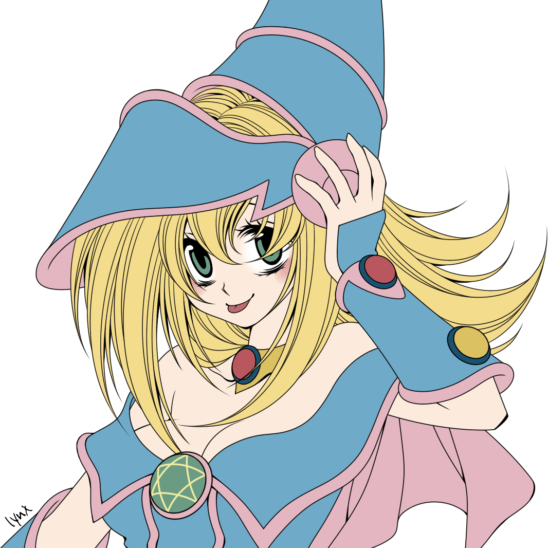 dark magician girl, yu-gi-oh!, yu-gi-oh! duel monsters, 1girl, blonde hair, duel monster, female focus, flat color, green eyes, long hair, pentacle, solo, tongue