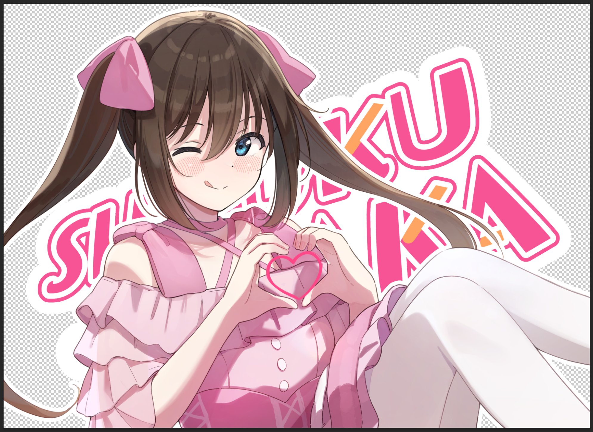 tata (tataice), osaka shizuku, love live!, love live! nijigasaki high school idol club, commentary request, highres, 1girl, :q, blue eyes, blush, brown hair, character name, dress, hair ribbon, heart, heart hands, koakuma love, long hair, looking at viewer, official alternate costume, official alternate hairstyle, one eye closed, pantyhose, pink dress, pink ribbon, ribbon, smile, solo, tongue, tongue out, twintails, white pantyhose