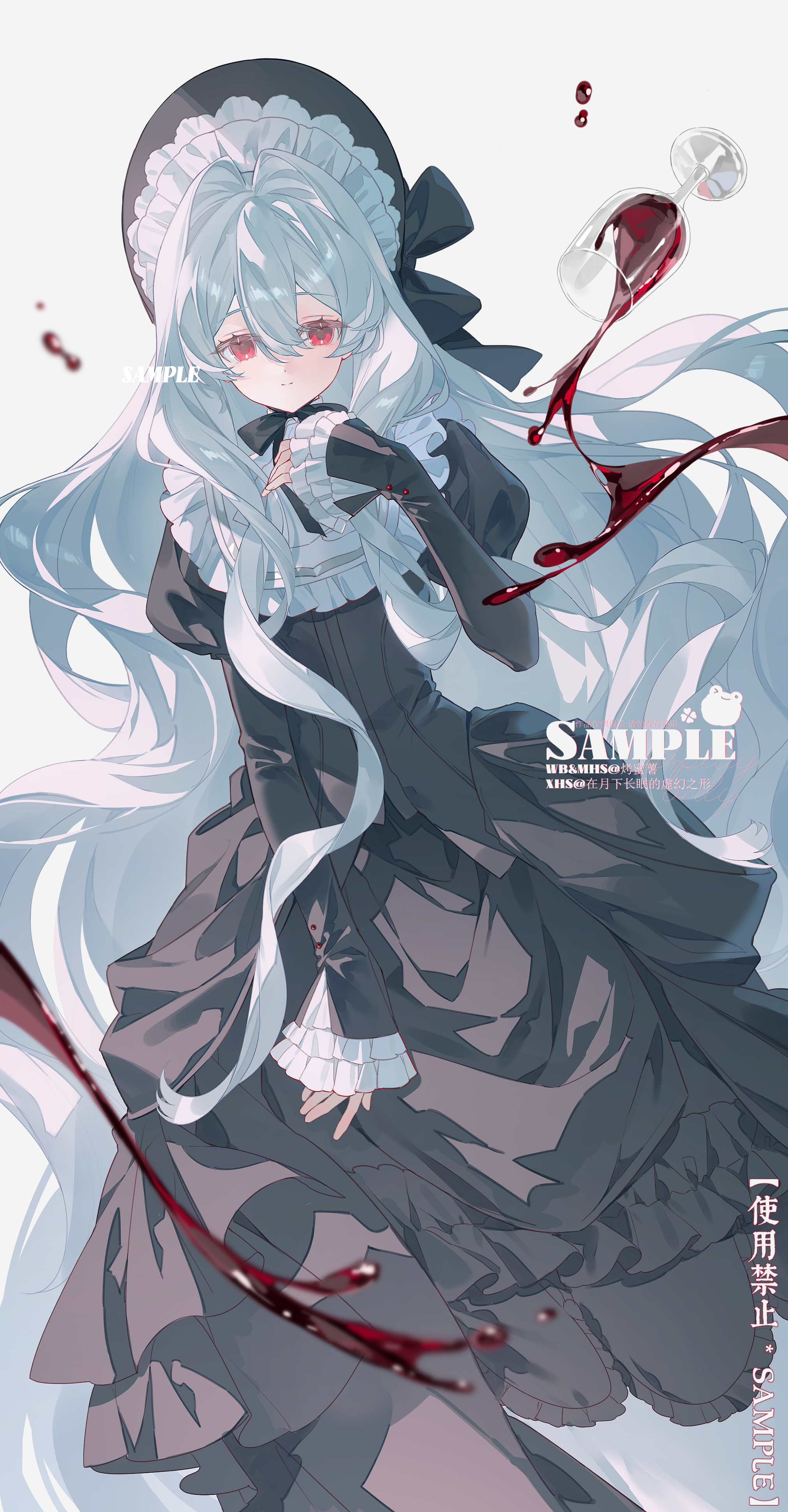 original, absurdres, highres, 1girl, 845322634, black dress, black hat, dress, hat, looking at viewer, red eyes, solo, watermark, white hair