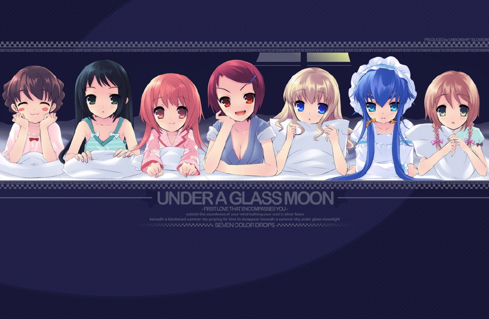 ito noizi, akihime sumomo, amamori yayoi, asamiya akino, fukamichi nobuko, koiwai flora, yaeno nadeshiko, yuuki nona, nanatsuiro drops, corrupted metadata, 00s, 6+girls, bed sheet, multiple girls, pajamas, pillow
