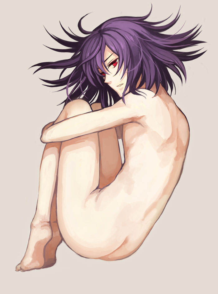 osamu (jagabata), tieria erde, gundam, gundam 00, bad id, bad pixiv id, 00s, 1boy, androgynous, ass, back, barefoot, feet, fetal position, full body, hugging own legs, male focus, nude, plantar flexion, purple hair, red eyes, short hair, solo, trap