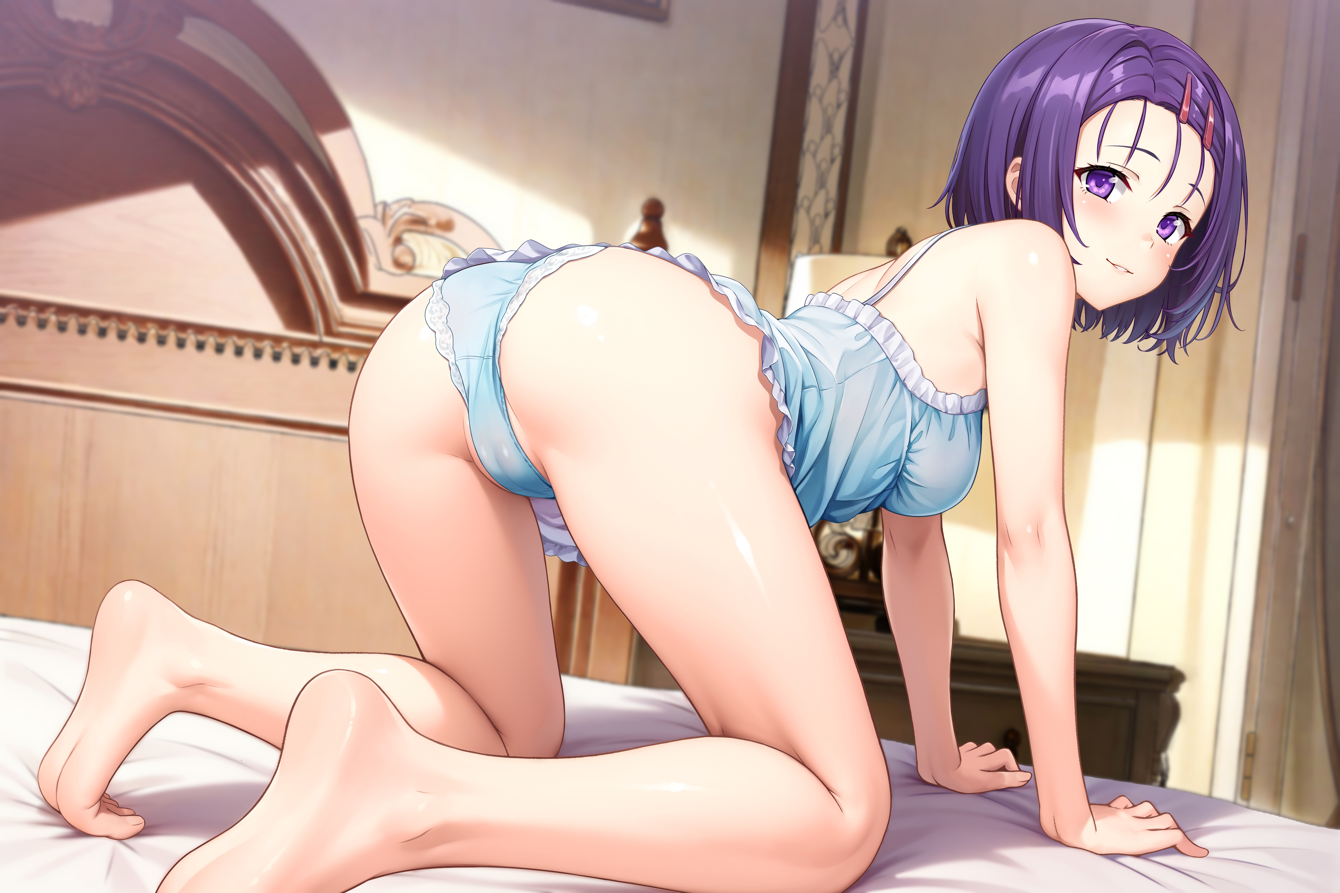denhijou niki, sairenji haruna, to love-ru, absurdres, ai-assisted, highres, paid reward available, 1girl, all fours, ass, bare legs, barefoot, blue nightgown, blue panties, blush, breasts, cameltoe, feet, forehead, frilled nightgown, frilled panties, frills, from behind, full body, hair ornament, hairclip, indoors, legs, looking at viewer, medium breasts, medium hair, nightgown, on bed, panties, parallel hairclips, parted lips, purple eyes, purple hair, seductive smile, shiny skin, smile, soles, solo, thighs, toenails, toes, underwear