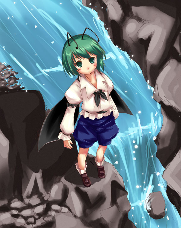wriggle nightbug, touhou, bad id, bad pixiv id, 1girl, antennae, female focus, rock, solo, stream, water, waterfall