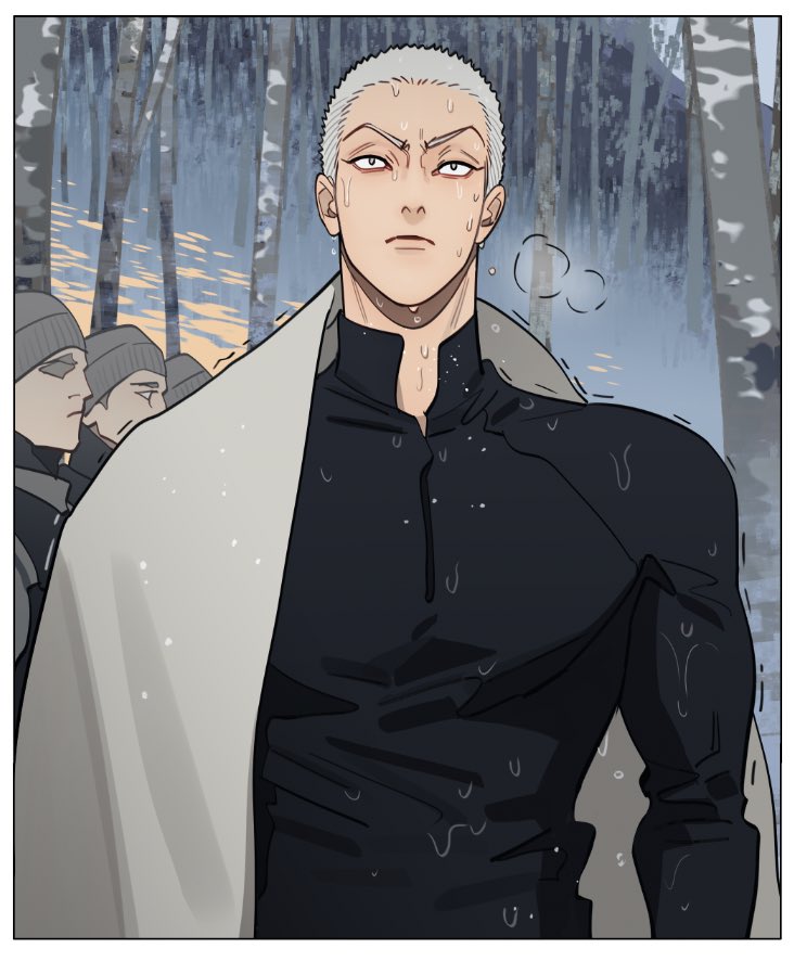 old xian, 19 tian, breath, buzz cut, forest, grey hair, hat, multiple boys, muscular, muscular male, nature, outdoors, qiu (19 tian), short hair, snow, trembling, very short hair, wet, wet clothes