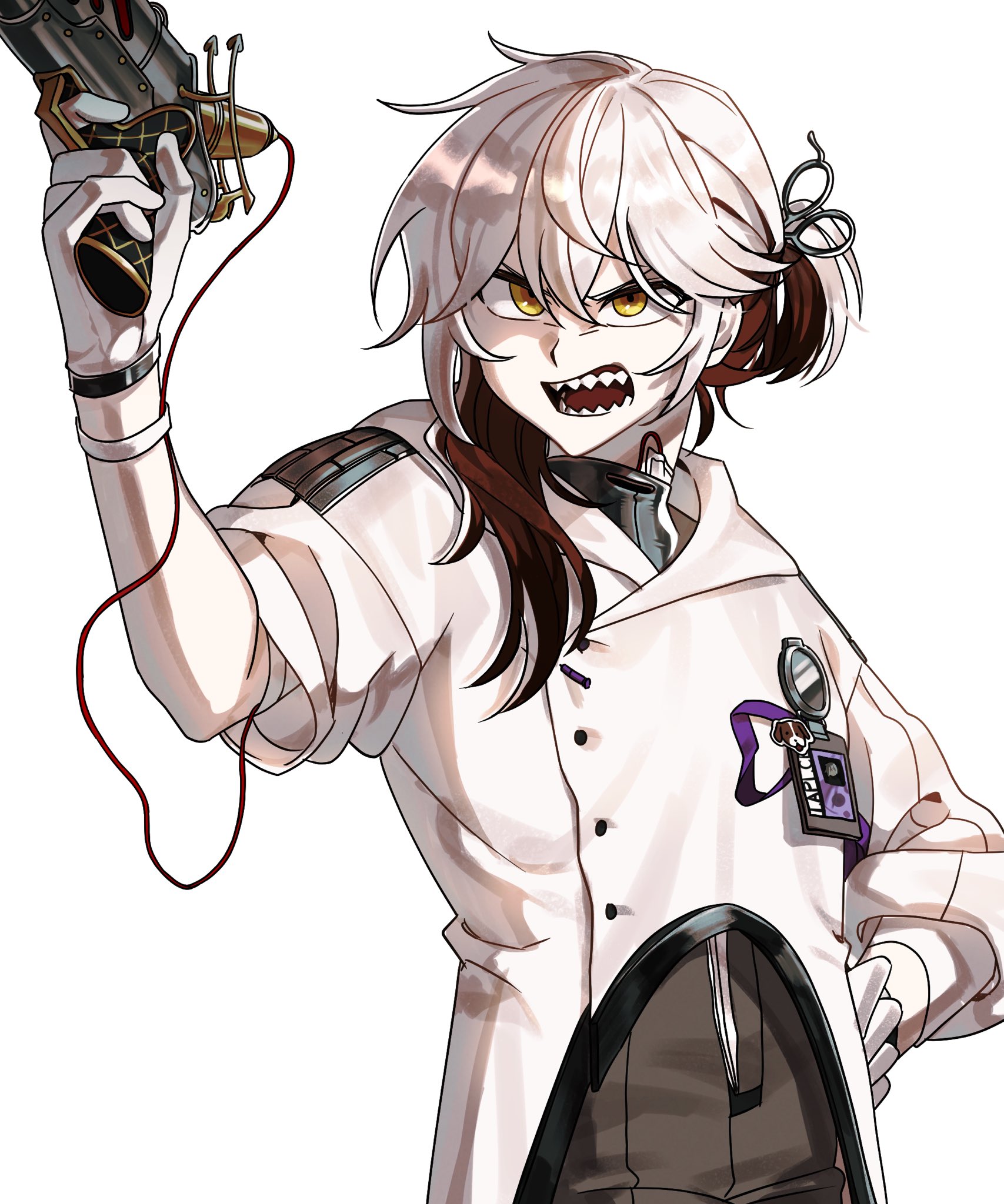 medicine pocket, reverse:1999, highres, 1other, angry, brown hair, coat, colored tips, galgu, gloves, grey pants, gun, hand on own hip, hand up, holding, holding gun, holding weapon, id card, looking at viewer, medium hair, multicolored hair, open mouth, pants, sharp teeth, solo, teeth, upper body, v-shaped eyebrows, weapon, white coat, white gloves, white hair, yellow eyes