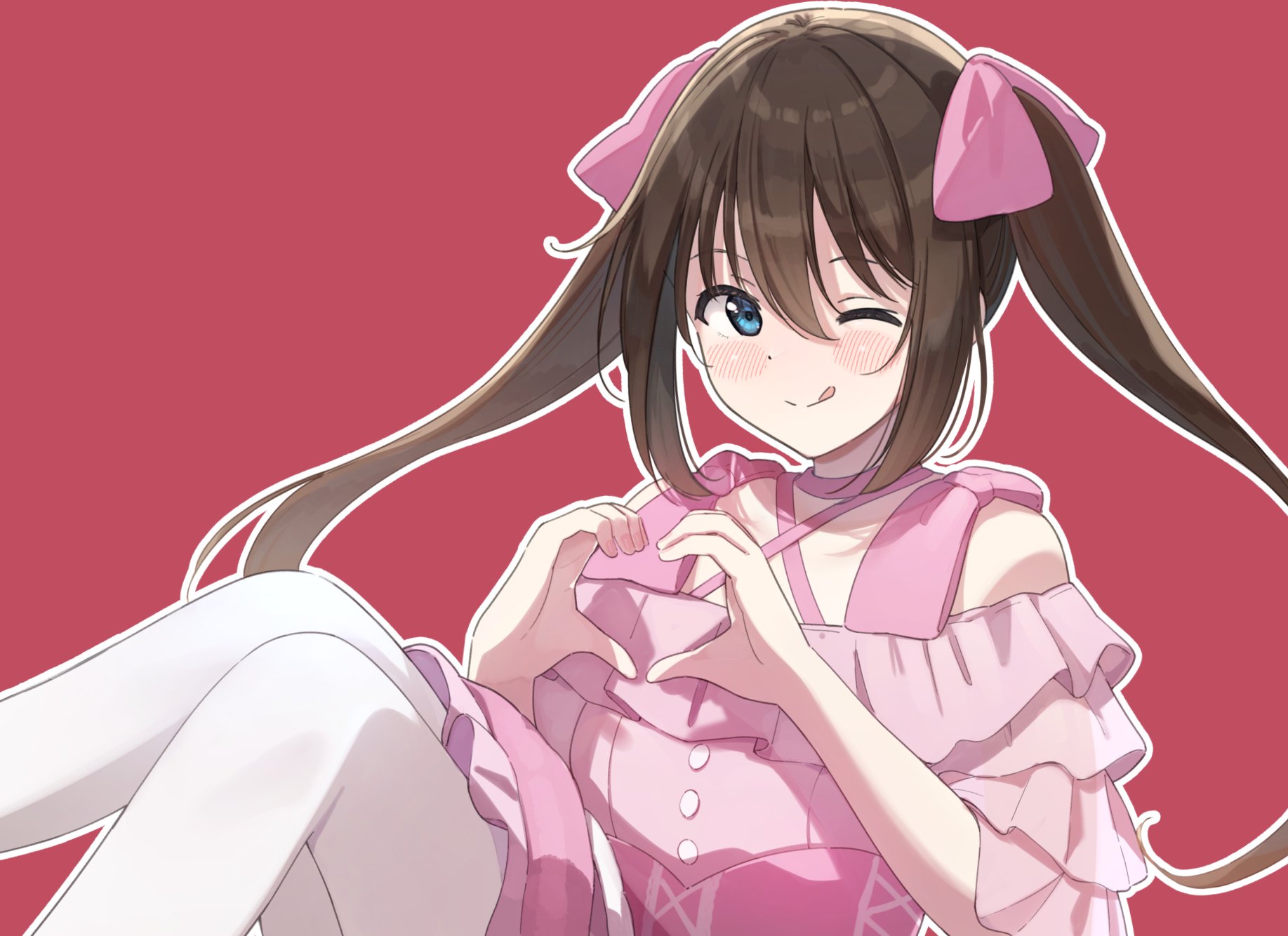tata (tataice), osaka shizuku, love live!, love live! nijigasaki high school idol club, commentary request, highres, 1girl, :q, blue eyes, blush, brown hair, dress, hair ribbon, heart, heart hands, koakuma love, long hair, looking at viewer, official alternate costume, official alternate hairstyle, one eye closed, pantyhose, pink dress, pink ribbon, red background, ribbon, smile, solo, tongue, tongue out, twintails, white pantyhose