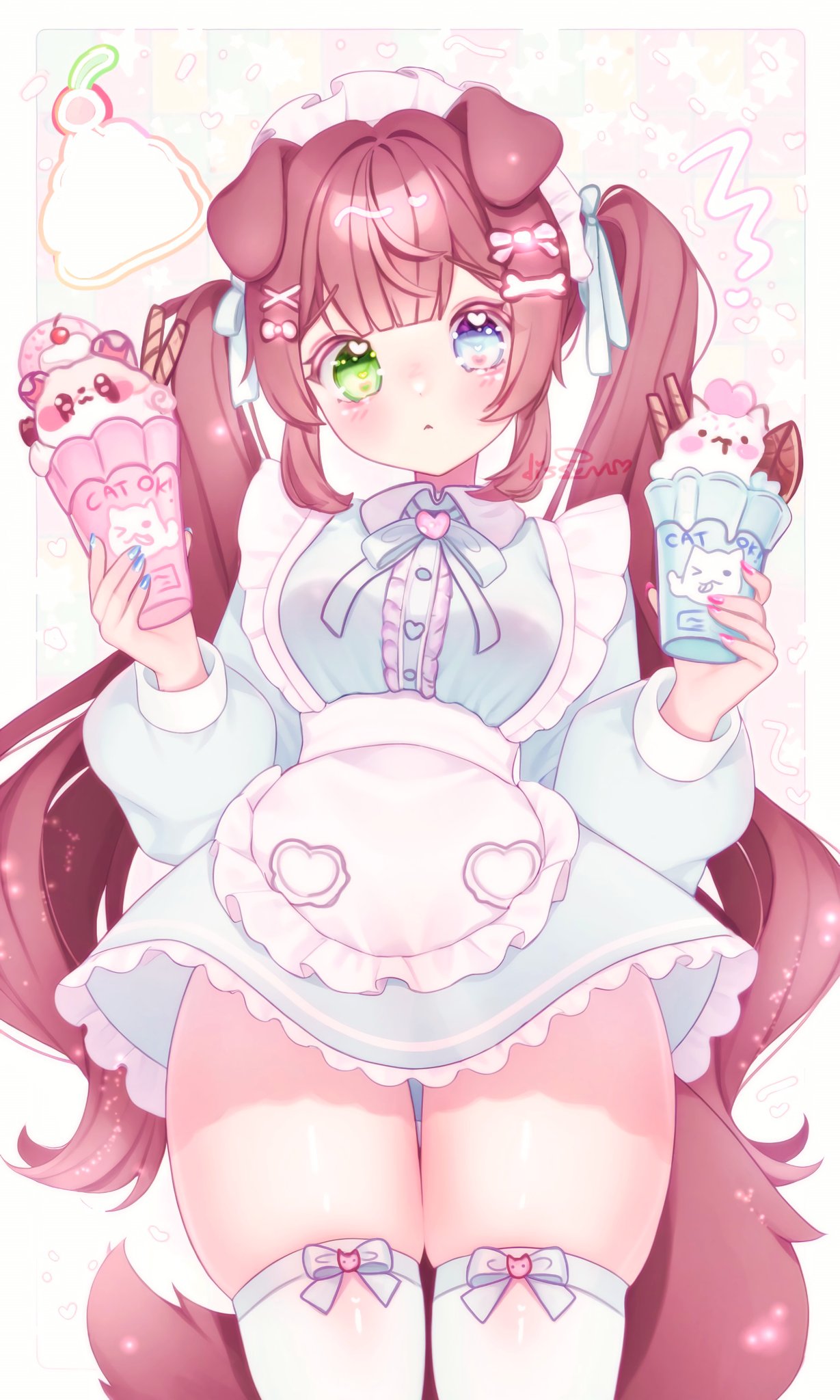 original, commentary, english commentary, highres, 1girl, :<, animal ears, apron, blue dress, blue eyes, blue ribbon, blush, bone hair ornament, border, breasts, brown hair, closed mouth, collared dress, cowboy shot, dissociatedcat, dog ears, dog girl, dog tail, double-parted bangs, dress, food, green eyes, hair ornament, headdress, heart, heart in eye, heterochromia, holding, holding food, holding ice cream, ice cream, long hair, long sleeves, looking at viewer, medium breasts, outside border, ribbon, skindentation, solo, symbol in eye, tail, thick thighs, thighhighs, thighs, twintails, waist apron, white apron, white background, white border, white headdress, white thighhighs, x hair ornament