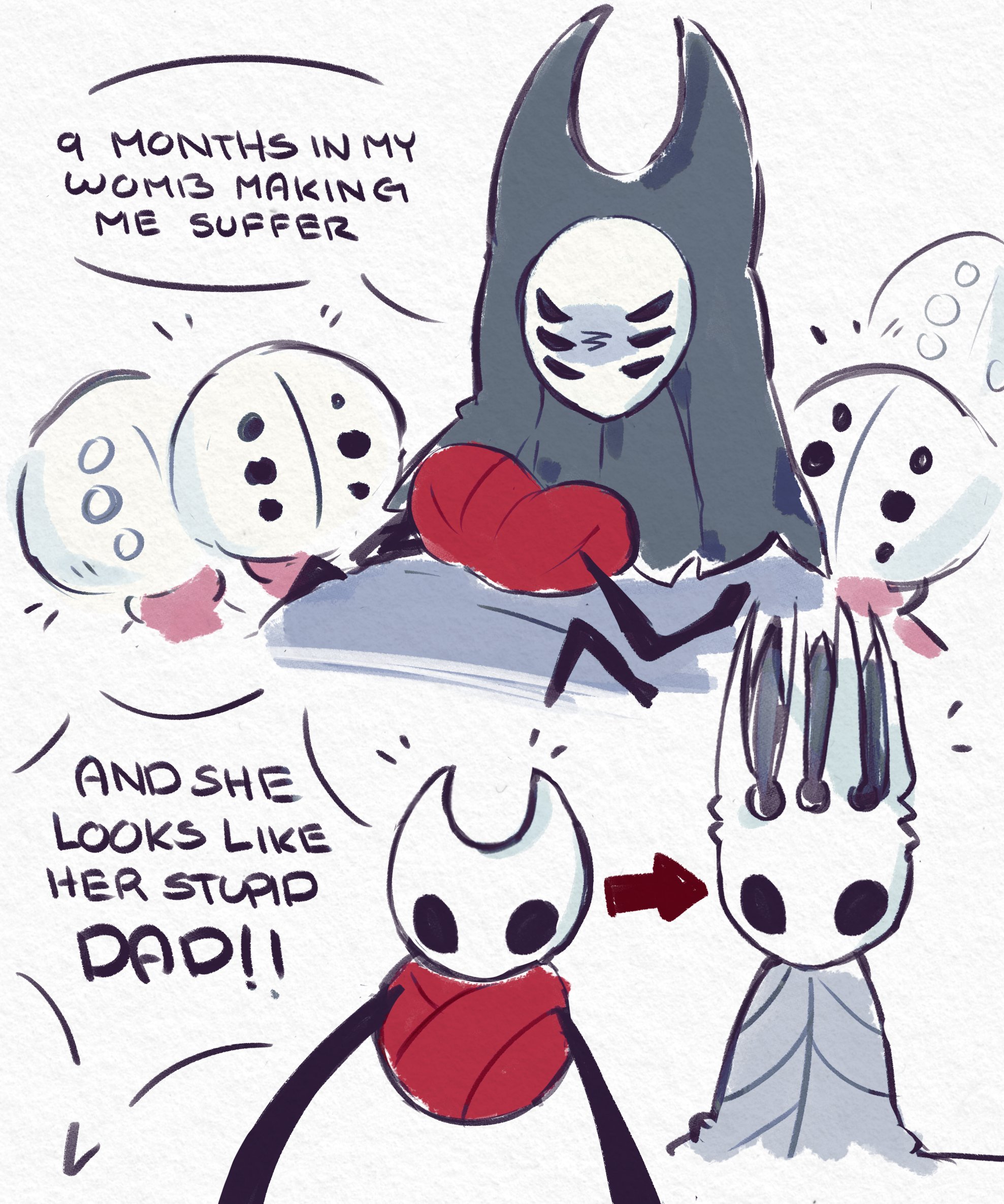 momoiiroo, herrah (hollow knight), hornet (hollow knight), pale king (hollow knight), weaver (hollow knight), hollow knight, highres, spoilers, and he looks like his stupid dad (meme), baby, bug, crown, english text, extra eyes, frown, grey cloak, meme, shaded face, spider, under covers