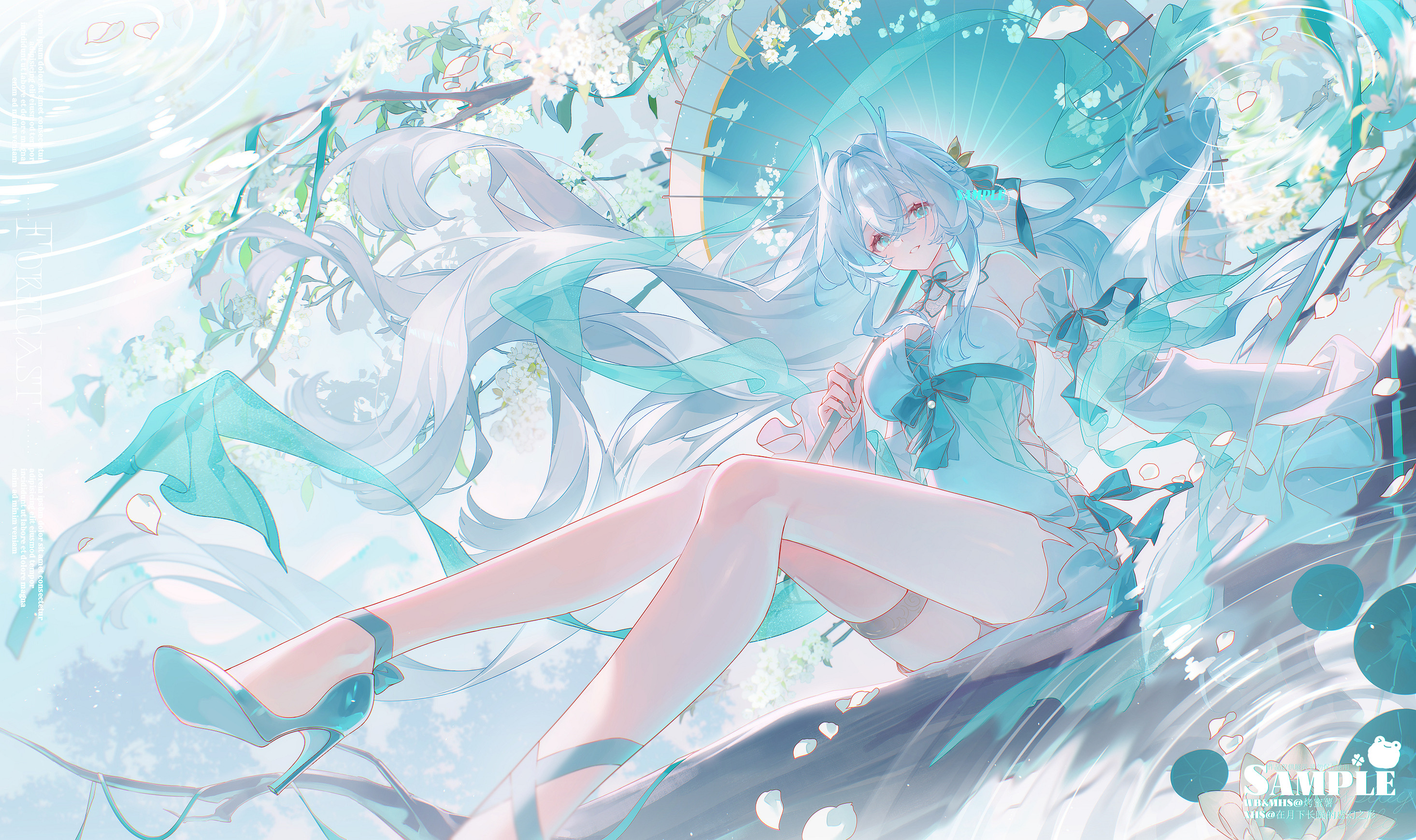 original, highres, 845322634, blue eyes, bow, breasts, face piercing, full body, high heels, horns, jewelry, lip piercing, lip ring, long hair, no socks, piercing, ring, smile, watermark, white hair