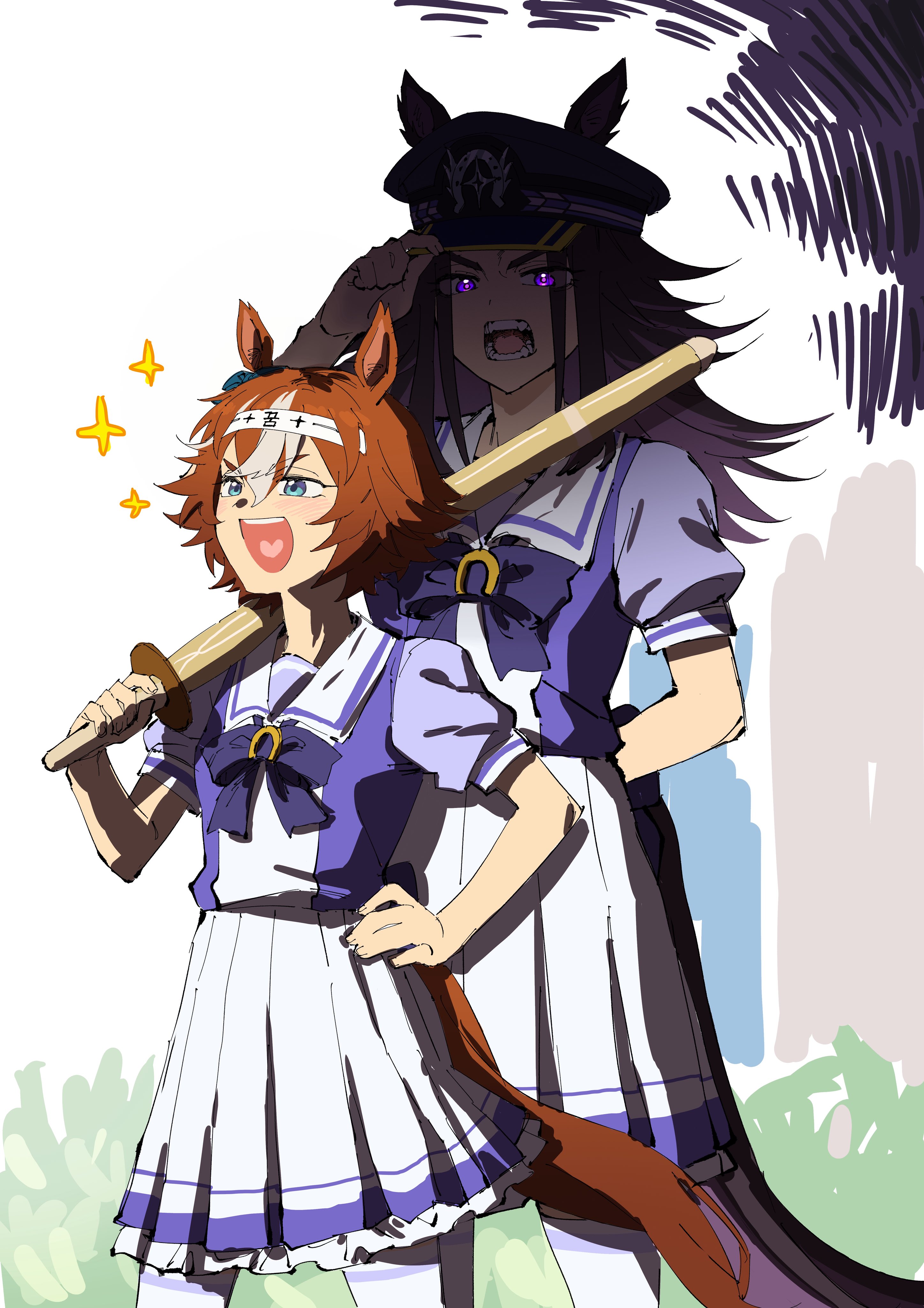 gamja5126, bamboo memory (umamusume), fenomeno (umamusume), umamusume, absurdres, hashtag-only commentary, highres, 2girls, :d, animal ears, arm behind back, aura, behind another, black hair, blue eyes, bow, bowtie, brown hair, brown tail, colored inner hair, cowboy shot, dark aura, ears through headwear, face in shadow, flipped hair, frilled skirt, frills, hachimaki, hand on headwear, hand on own hip, hat, headband, heart, heart in mouth, height difference, holding, holding sword, holding weapon, horse ears, horse girl, horse tail, horseshoe hat ornament, horseshoe ornament, long hair, multicolored hair, multiple girls, open mouth, peaked cap, pleated skirt, puffy short sleeves, puffy sleeves, purple bow, purple bowtie, purple eyes, purple hair, purple shirt, sailor collar, sailor shirt, school uniform, shinai, shirt, short hair, short sleeves, skirt, smile, sparkle, sparkling aura, standing, streaked hair, summer uniform, sword, tail, teeth, thighhighs, tracen school uniform, v-shaped eyebrows, weapon, white headband, white sailor collar, white skirt, white thighhighs