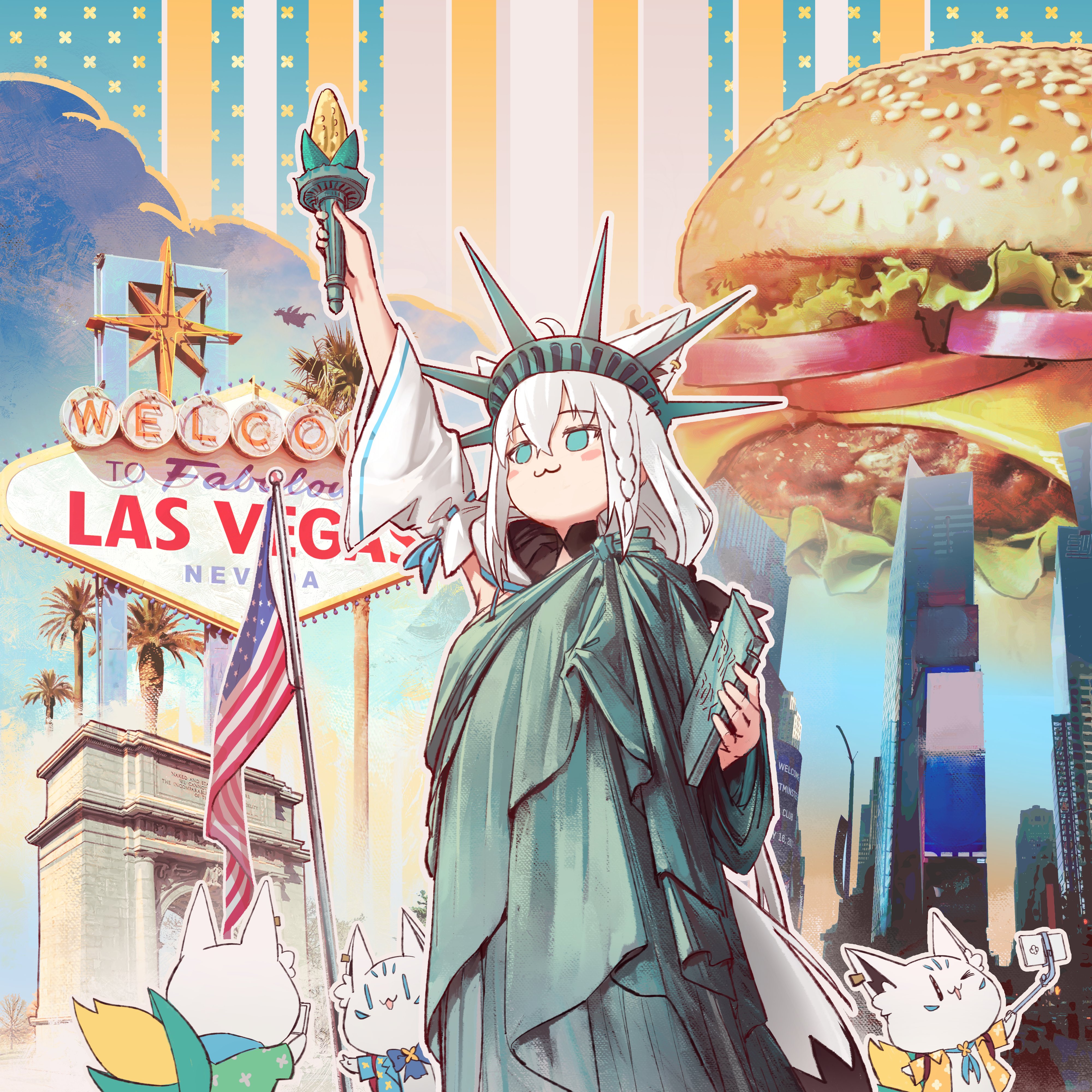 hyde (tabakko), shirakami fubuki, shirakami fubuki (1st costume), statue of liberty, sukonbu (shirakami fubuki), hololive, absurdres, commentary, english commentary, highres, 1girl, :3, american flag, animal ears, arm up, blue bow, blue bowtie, blue eyes, blue neckerchief, blue shirt, bow, bowtie, braid, building, burger, cellphone, closed mouth, corn, detached sleeves, food, fox ears, fox girl, fox tail, holding, holding food, holding torch, las vegas, long hair, long sleeves, neckerchief, new york city, open clothes, open shirt, palm tree, patriotism, phone, selfie stick, shirt, side braid, sidelocks, skyscraper, smartphone, smile, solo, tail, taking picture, times square, torch, tree, united states, virtual youtuber, welcome to fabulous las vegas sign, white hair, white sleeves, wide sleeves, yellow shirt