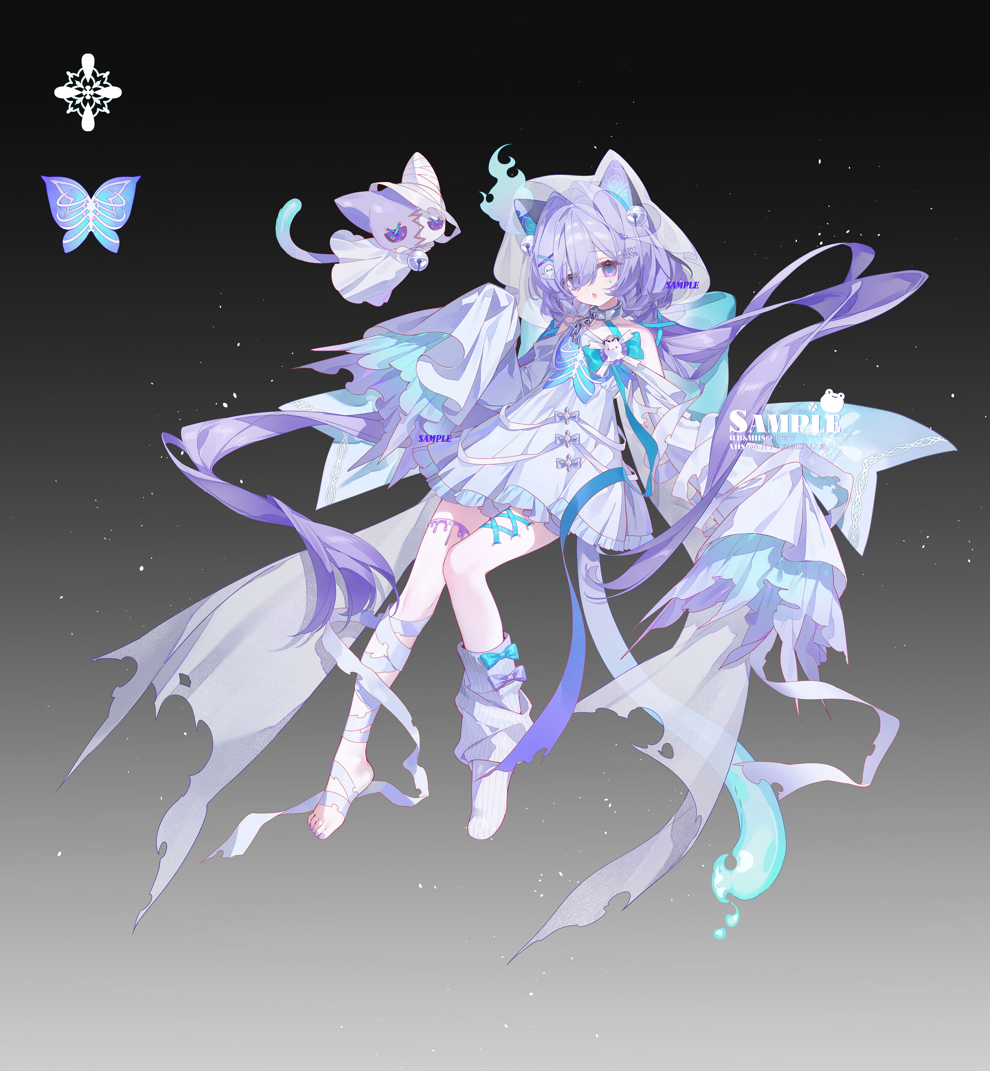 original, absurdres, highres, 845322634, animal ears, cat ears, cat girl, cat tail, dress, full body, hat, long hair, long sleeves, no shoes, purple eyes, purple hair, short dress, simple background, tail