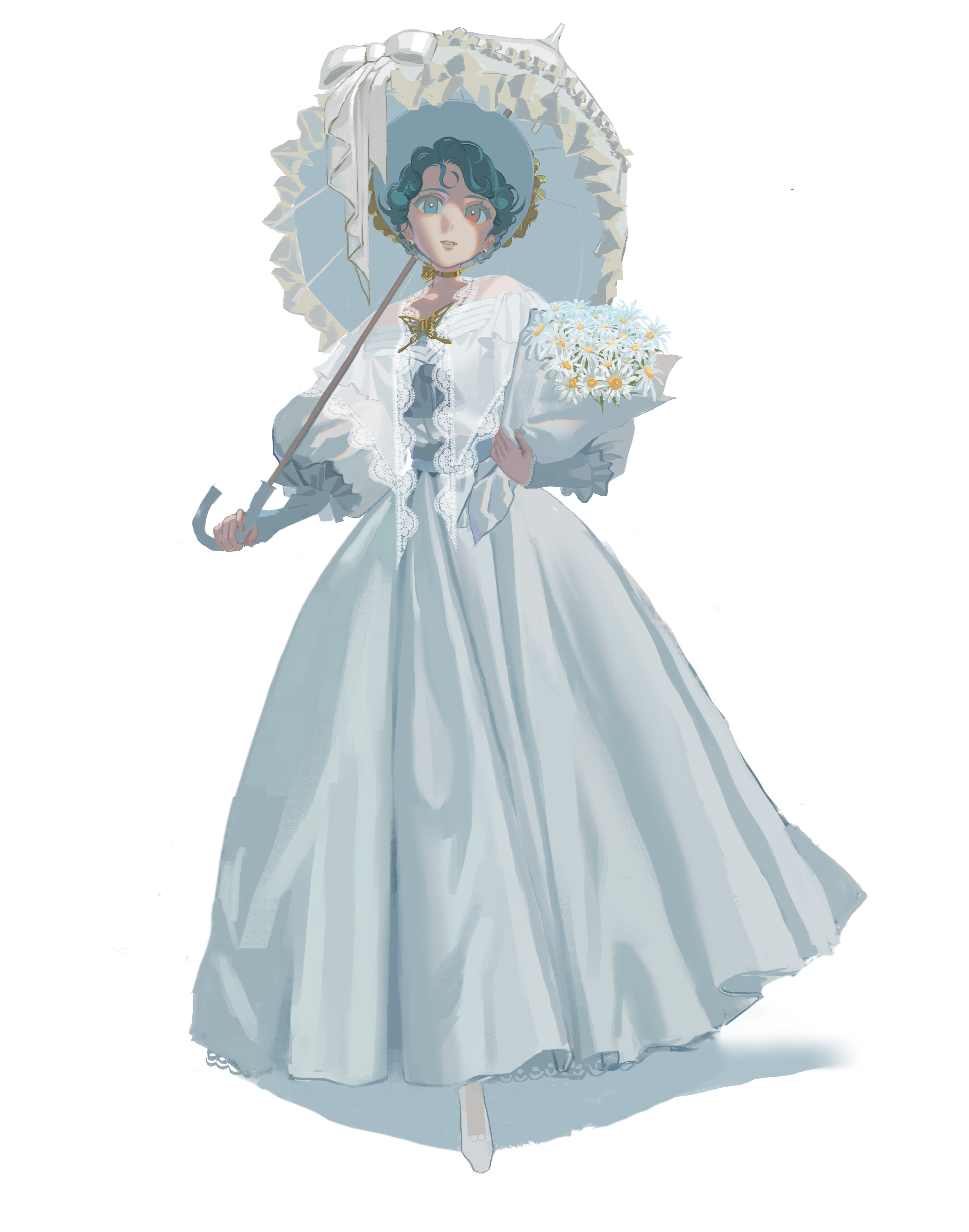 ryohn, tatara kogasa, touhou, absurdres, commentary request, highres, 1girl, alternate costume, bare shoulders, blue eyes, blue hair, bouquet, capelet, dress, flower, frills, full body, heterochromia, holding, holding bouquet, holding umbrella, light smile, long sleeves, off-shoulder dress, off shoulder, parted lips, red eyes, see-through capelet, see-through clothes, shoes, short hair, solo, teeth, umbrella, white background, white capelet, white dress, white shoes