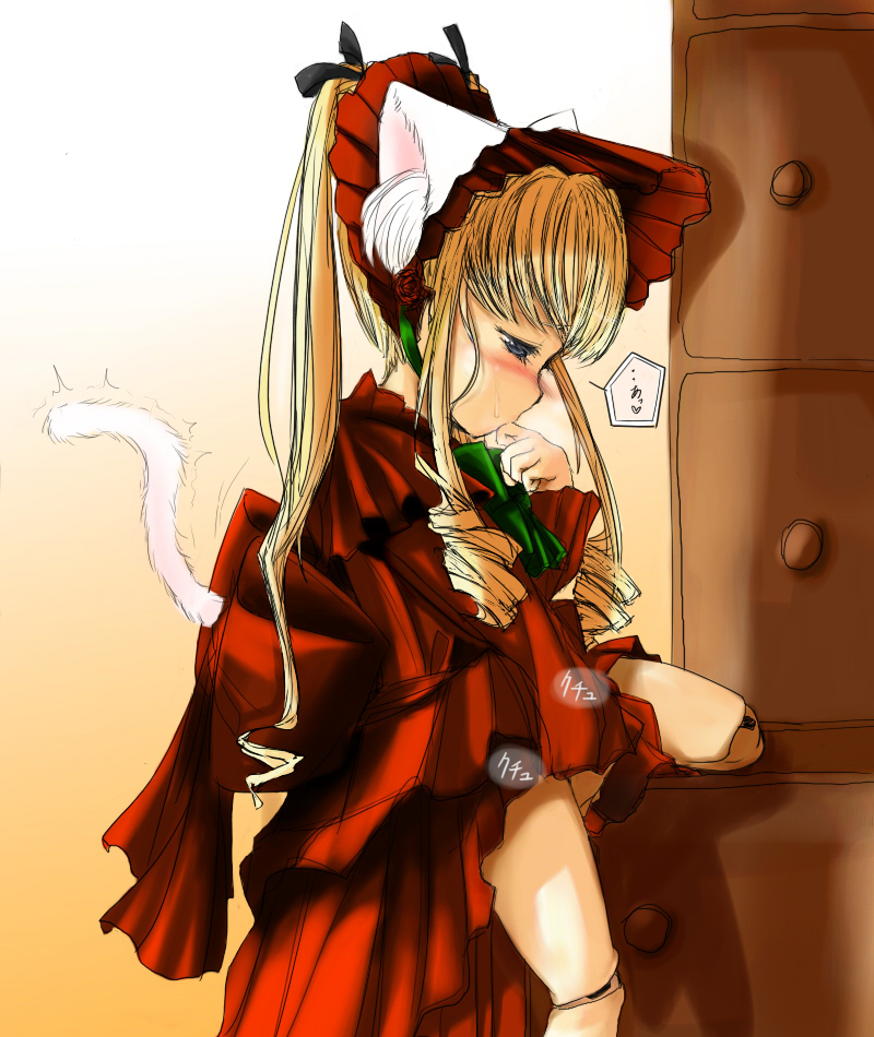 shinku, rozen maiden, 00s, 1girl, animal ears, blonde hair, blue eyes, blush, cat ears, cat girl, cat tail, crotch rub, doll joints, dress, female focus, female masturbation, indoors, joints, long hair, masturbation, no panties, solo, sweat, tail, twintails