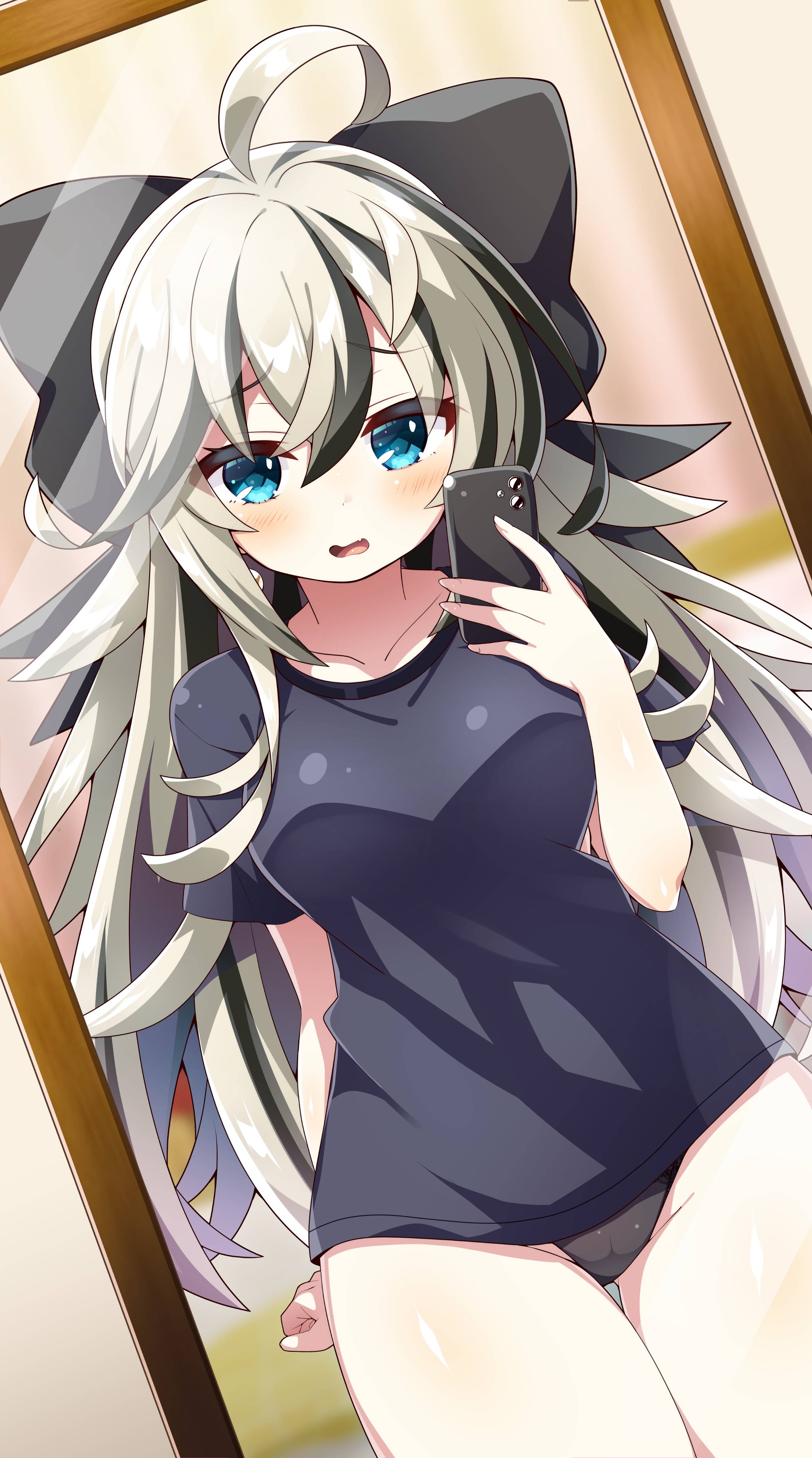 akaneya, indie virtual youtuber, absurdres, highres, second-party source, 1girl, ahoge, arm behind back, black bow, black hair, black panties, black shirt, blonde hair, blue eyes, bow, breasts, cameltoe, collarbone, hair between eyes, hair bow, hand up, holding, holding phone, large breasts, long hair, looking at mirror, looking at viewer, mello mutinus (vtuber), mirror, mirror selfie, multicolored hair, open mouth, panties, phone, selfie, shirt, short sleeves, solo, t-shirt, thigh gap, thighs, underwear, wide hips
