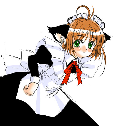 doushindou, kinomoto sakura, cardcaptor sakura, 1990s (style), 1girl, alternate costume, animal ears, blush, brown hair, cat ears, child, enmaided, female focus, green eyes, looking at viewer, maid, retro artstyle, short hair, simple background, solo, white background
