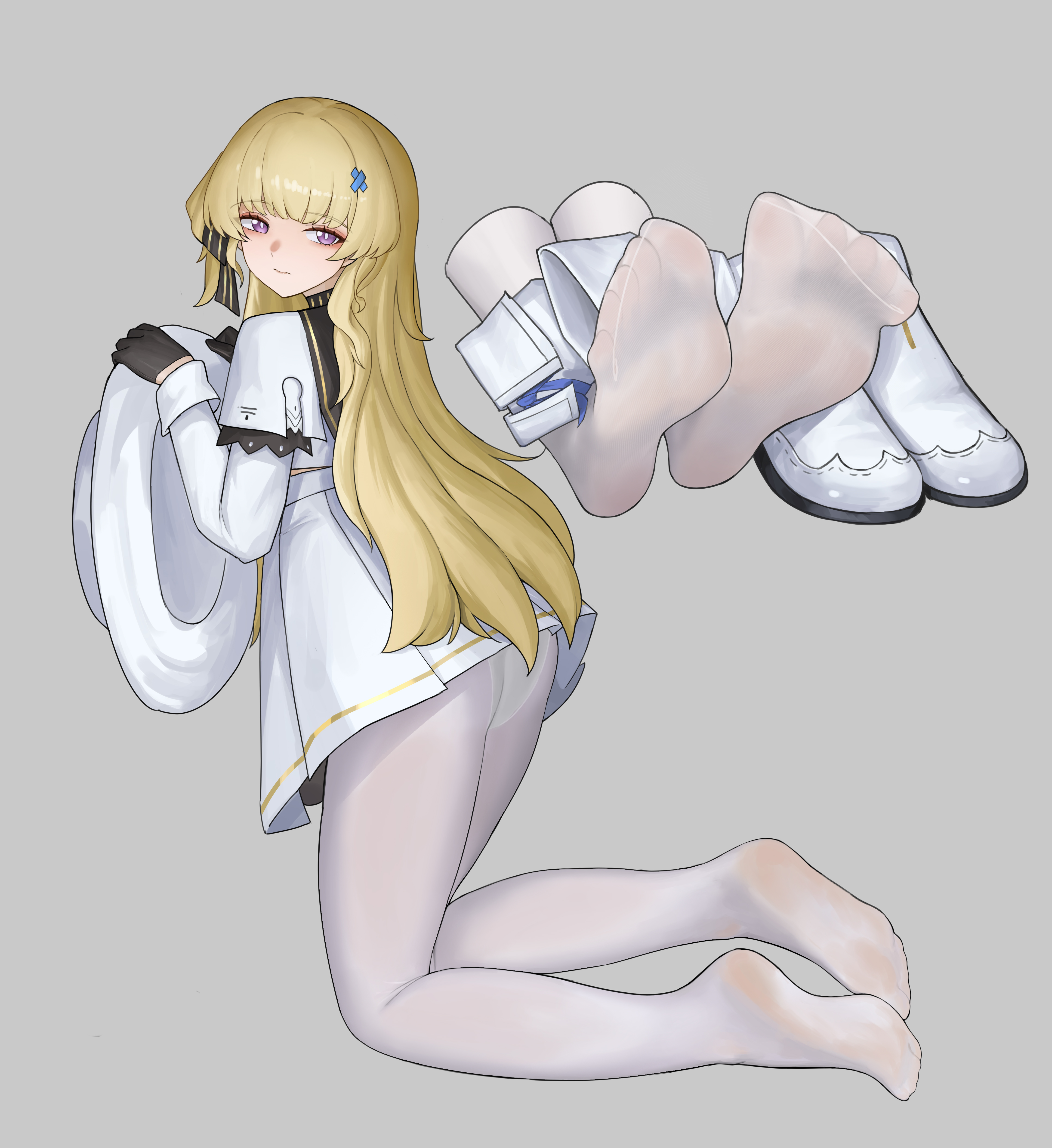 sa-baaa, phoebe (wuthering waves), wuthering waves, absurdres, highres, 1girl, blonde hair, boots, feet, hat, long hair, looking at viewer, pantyhose, purple eyes, shoes, soles, toes, unworn boots, unworn hat, unworn headwear, unworn shoes, white pantyhose