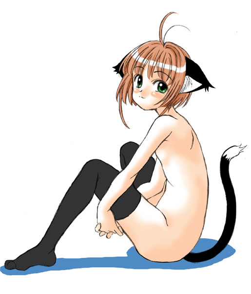 doushindou, kinomoto sakura, cardcaptor sakura, 1990s (style), 1girl, animal ears, blush, brown hair, cat ears, cat tail, female focus, full body, green eyes, looking at viewer, nude, retro artstyle, short hair, simple background, smile, solo, tail, thighhighs, white background