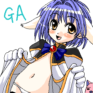 doushindou, mint blancmanche, galaxy angel, lowres, 00s, 1girl, animal ears, blue hair, blush, female focus, flat chest, loli, navel, panties, ribbon, short hair, solo, thighhighs, underwear