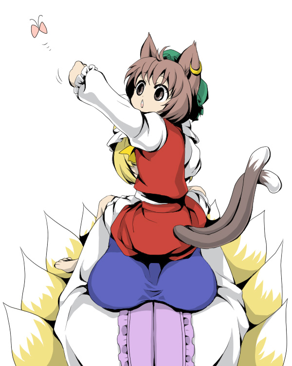 negi (artist), negi (type03), chen, yakumo ran, touhou, bad id, bad pixiv id, 2girls, animal ears, blonde hair, breasts, brown eyes, brown hair, bug, butterfly, cat ears, cat girl, cat tail, earrings, female focus, fox tail, hat, jewelry, multiple girls, short hair, small breasts, tail