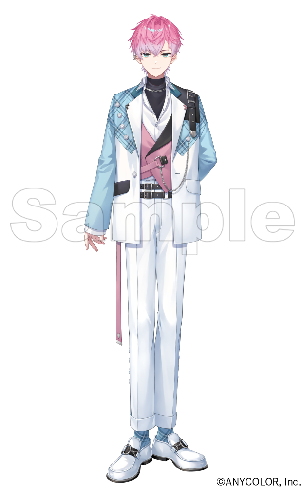 takumi (dnacometrue), nijisanji, commentary request, official art, 1boy, aqua eyes, arm behind back, belt, belt buckle, black belt, black shirt, blue jacket, blue socks, buckle, closed mouth, collared shirt, company name, copyright notice, crossed bangs, ear piercing, gradient hair, grey eyes, hair between eyes, jacket, jewelry, lapels, long sleeves, looking at viewer, male focus, multicolored eyes, multicolored hair, multicolored jacket, necklace, open clothes, open jacket, pants, piercing, pink hair, plaid clothes, plaid jacket, plaid socks, purple hair, sample watermark, shirt, shoes, short hair, simple background, sleeves past wrists, smile, socks, solo, spiked ear piercing, sumeragi reo, turtleneck, two-tone eyes, undershirt, virtual youtuber, watermark, white background, white jacket, white pants, white shirt, white shoes