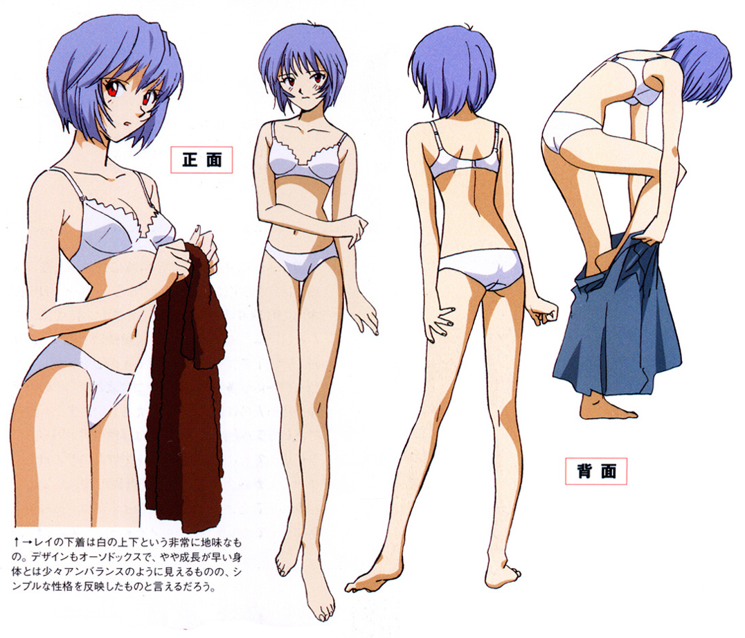 sadamoto yoshiyuki, ayanami rei, gainax, neon genesis evangelion, official art, translated, 1girl, ass, blue hair, bra, flat ass, lingerie, multiple views, pale skin, panties, red eyes, reference sheet, short hair, turnaround, underwear, underwear only, undressing