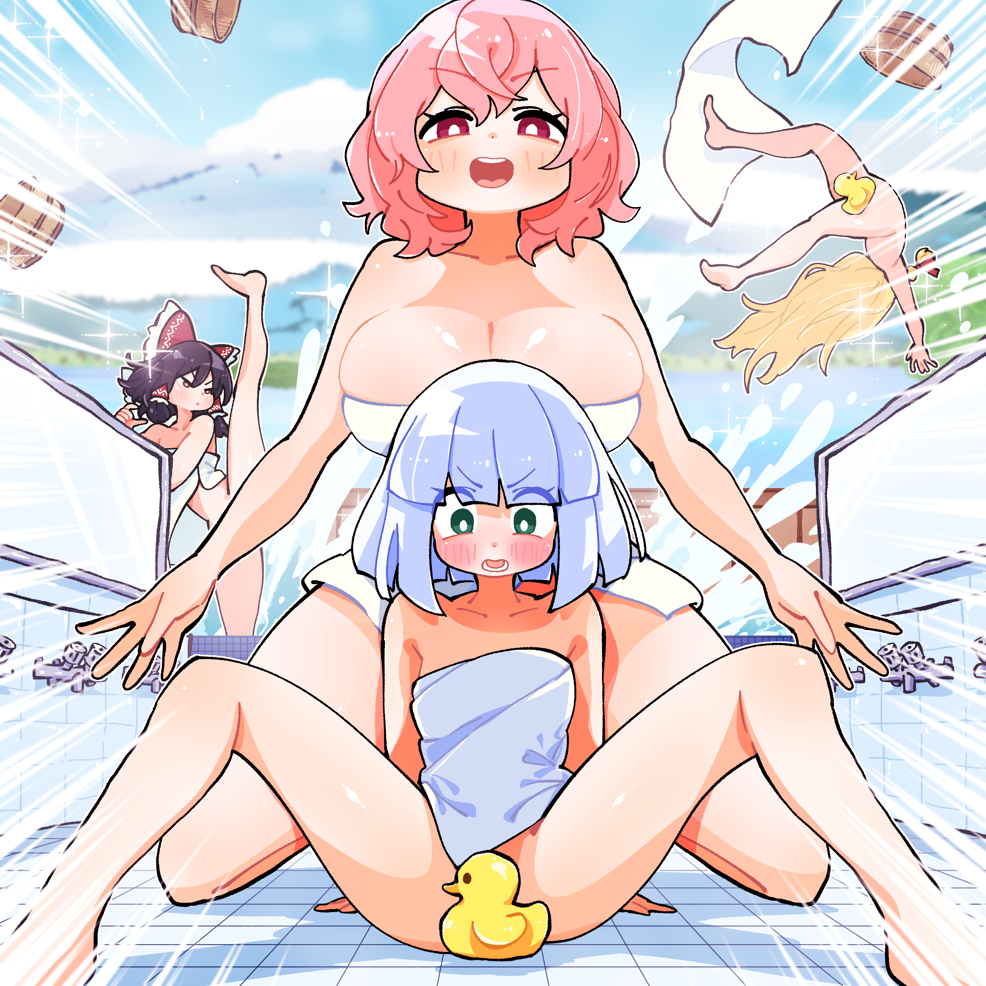 gram 9, hakurei reimu, kirisame marisa, konpaku youmu, saigyouji yuyuko, touhou, commentary, highres, 4girls, bathhouse, blonde hair, blush, bow, breasts, bright pupils, brown hair, bucket, cleavage, collarbone, convenient arm, convenient censoring, faucet, frilled bow, frilled hair tubes, frills, green eyes, grey hair, hair bow, hair tubes, kicking, large breasts, long hair, looking at viewer, multiple girls, naked towel, no headwear, open mouth, pink hair, red bow, rubber duck, smile, spread legs, towel, water, white pupils, wooden bucket