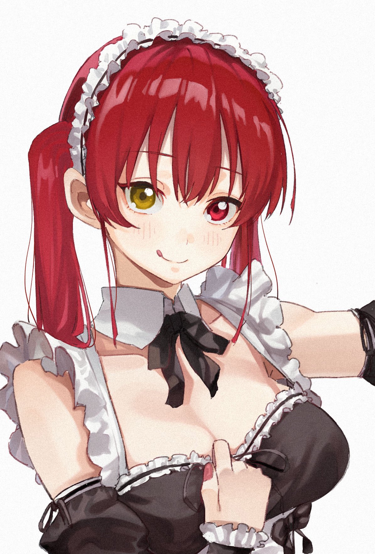 taroekaki, houshou marine, hololive, commentary, highres, 1girl, :q, alternate costume, apron, bare shoulders, black bow, black bowtie, black dress, blush, bow, bowtie, breasts, cleavage, closed mouth, collarbone, detached collar, detached sleeves, dress, enmaided, film grain, frilled apron, frilled dress, frills, hair between eyes, hair over shoulder, hands up, heterochromia, large breasts, long hair, looking at viewer, maid, maid apron, maid headdress, nail polish, red eyes, red nails, simple background, sleeveless, sleeveless dress, smile, solo, split mouth, straight hair, tongue, tongue out, twintails, upper body, virtual youtuber, white apron, white background, yellow eyes
