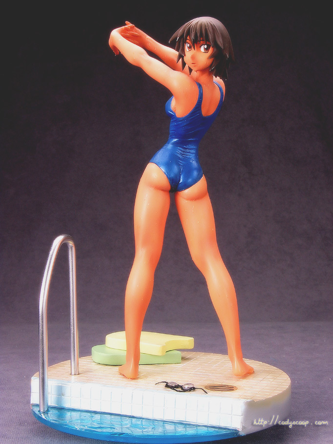 kagura, kagura (azumanga daioh), azumanga daiou, photo (medium), 1girl, armpits, ass, bare shoulders, barefoot, buruma, dark-skinned female, dark skin, feet, female focus, figure, figure (medium), full body, looking back, one-piece swimsuit, pool, short hair, solo, stretching, swimsuit, tan, wet