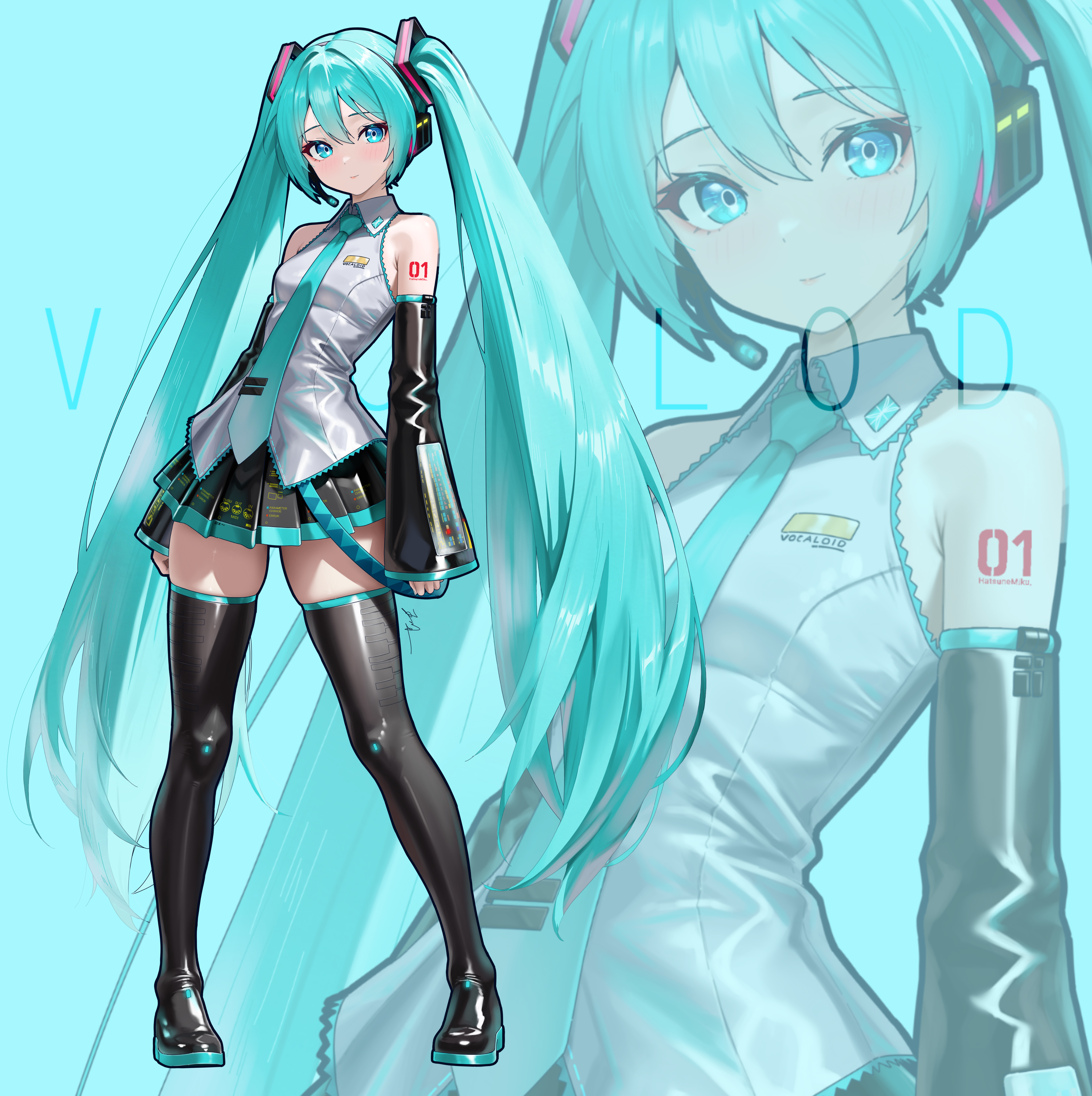 wuhe2233pz, hatsune miku, vocaloid, absurdres, commentary, highres, 1girl, aqua eyes, aqua hair, bare shoulders, blue necktie, boots, breasts, character name, collared shirt, color guide, detached sleeves, grey shirt, long hair, looking at viewer, necktie, pleated skirt, shirt, skindentation, skirt, small breasts, solo, thigh boots, twintails, very long hair, vocaloid boxart pose, zoom layer