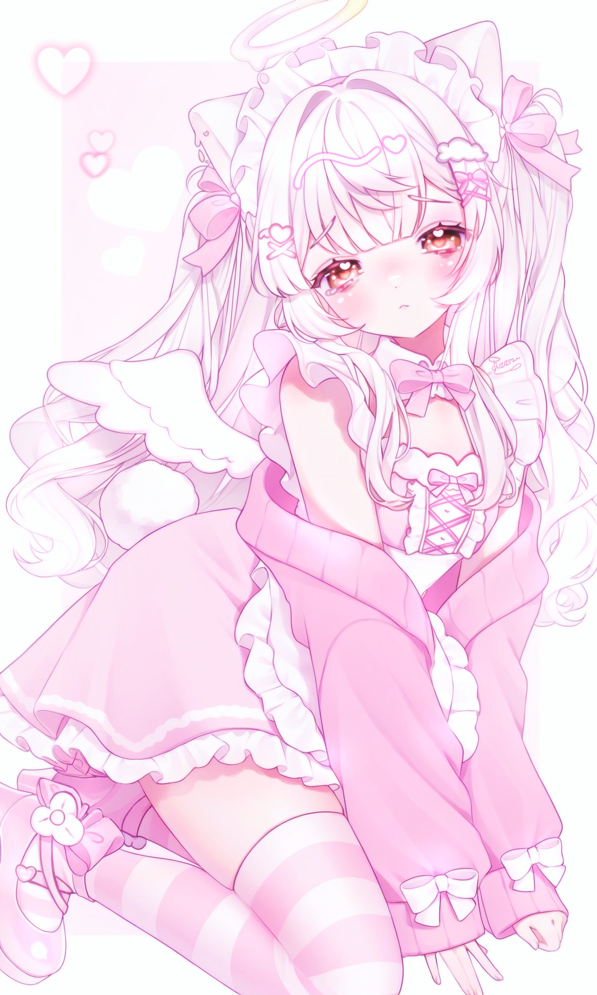 original, commentary, english commentary, highres, 1girl, :<, apron, blush, border, bow, brown eyes, closed mouth, cloud hair ornament, dissociatedcat, double-parted bangs, dress, fake tail, frilled apron, frilled dress, frills, full body, hair ornament, halo, headdress, heart, heart in eye, long hair, long sleeves, looking at viewer, melting halo, outside border, pink background, pink bow, pink dress, pink shoes, pink sweater, pink theme, pink thighhighs, rabbit tail, raised inner eyebrows, shoes, sleeves past wrists, solo, striped clothes, striped thighhighs, sweater, sweater partially removed, symbol in eye, tail, thighhighs, white apron, white border, white bow, white hair, white halo, white headdress, white wings, wings, x hair ornament