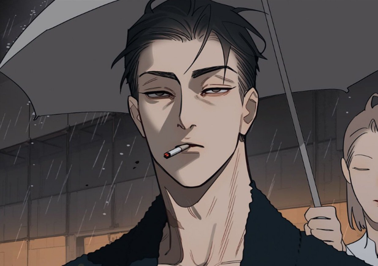 old xian, 19 tian, black eyes, black hair, cigarette, grey umbrella, he cheng, male focus, muscular, muscular male, outdoors, rain, scar, short hair, smoking, umbrella