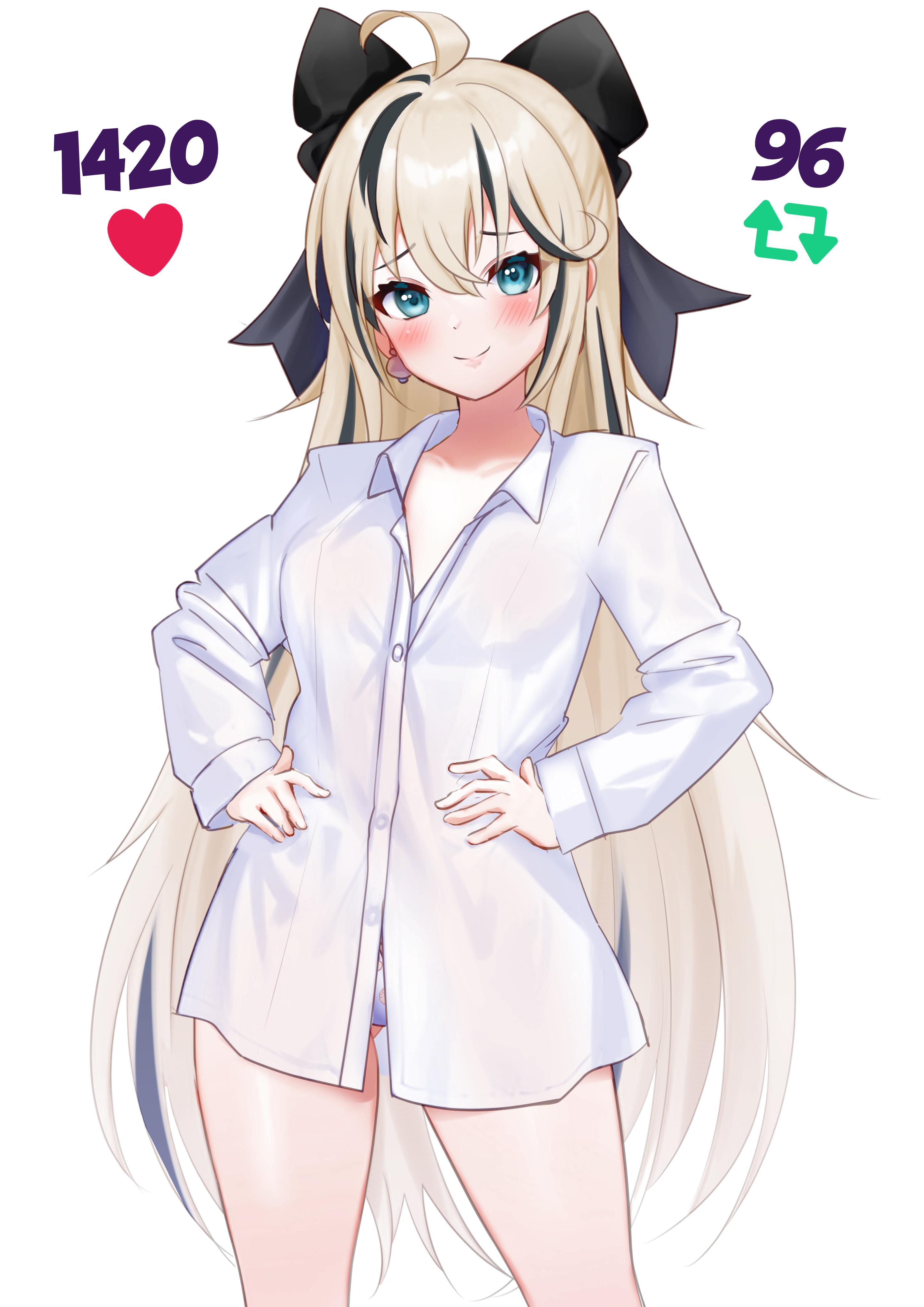 got0 naisho, indie virtual youtuber, absurdres, highres, second-party source, 1girl, ahoge, black bow, black hair, blonde hair, blue eyes, blush, bow, breasts, closed mouth, collarbone, collared shirt, earrings, hair between eyes, hair bow, hands on own hips, jewelry, like and retweet, long hair, long sleeves, looking at viewer, mello mutinus (vtuber), multicolored hair, mushroom earrings, panties, partially unbuttoned, shirt, simple background, small breasts, smile, solo, thighs, underwear, white background, white shirt