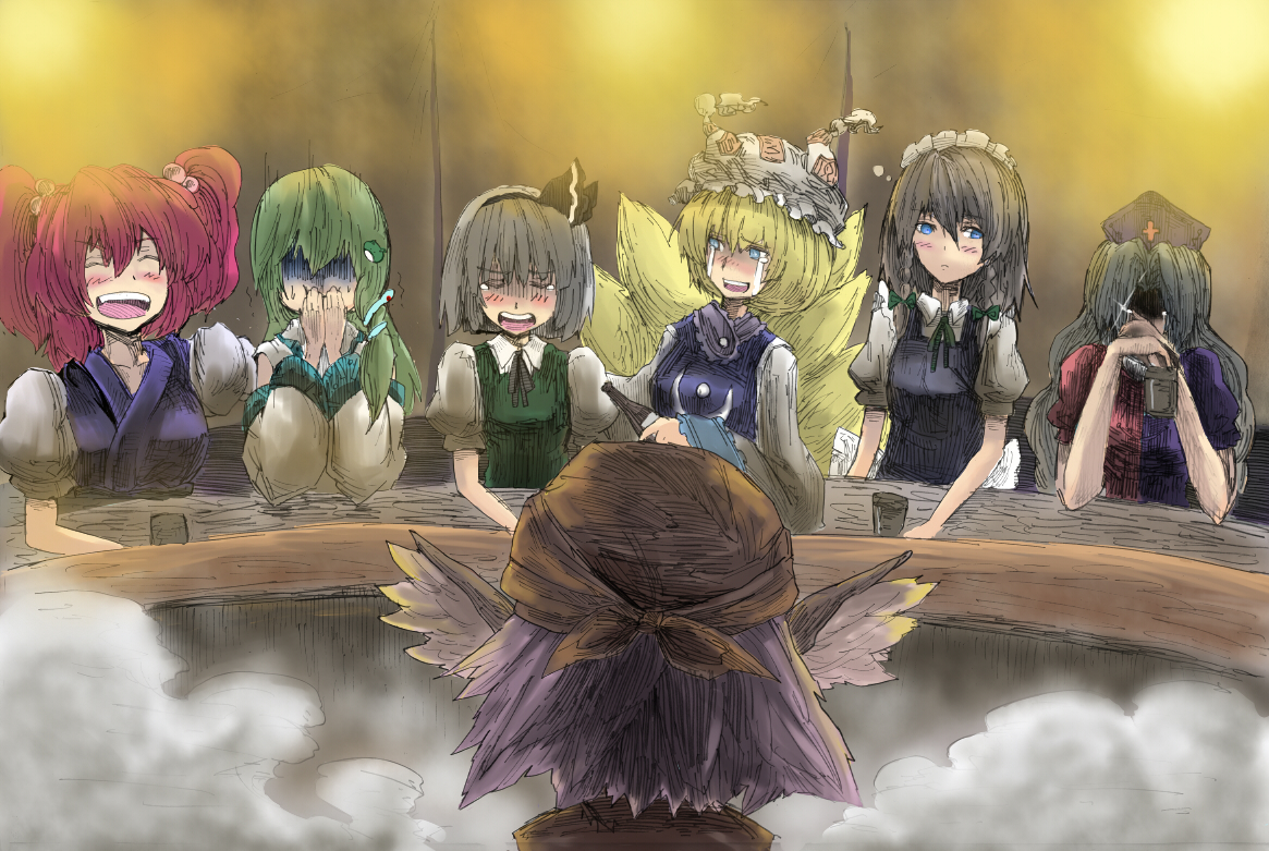 masuzou, izayoi sakuya, kochiya sanae, konpaku youmu, mystia lorelei, okamisty, onozuka komachi, yagokoro eirin, yakumo ran, touhou, 6+girls, animal hat, blonde hair, female focus, food stand, gendou pose, grill, hands clasped, hat, long sleeves, mob cap, multiple girls, own hands clasped, own hands together, short hair, tassel, turn pale, wide sleeves