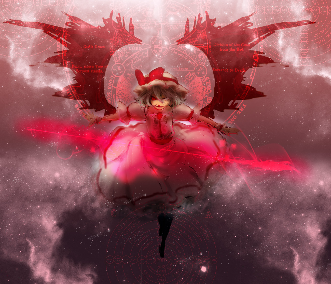 destroyb, remilia scarlet, touhou, bad id, bad pixiv id, 1girl, blue hair, female focus, full body, gradient background, hat, magic circle, red eyes, ribbon, short hair, solo, spear the gungnir, wings