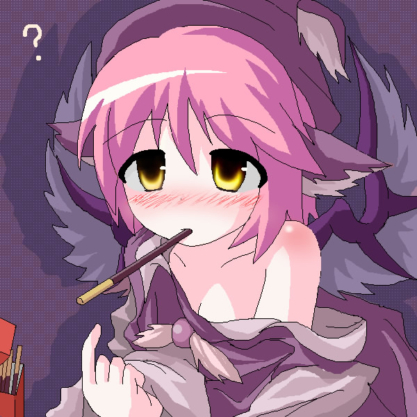 des (namaasi), mystia lorelei, touhou, 1girl, ?, animal ears, bare shoulders, blush, female focus, food, hat, mouth hold, oekaki, pink hair, pocky, pointing, solo, wings, yellow eyes