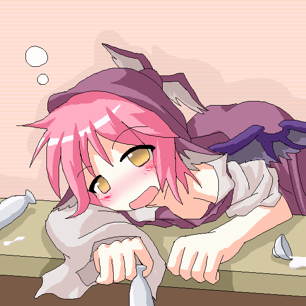 des (namaasi), mystia lorelei, touhou, 1girl, animal ears, blush, bottle, downblouse, drunk, female focus, hat, messy hair, oekaki, pink hair, short hair, solo, spill, wings, yellow eyes