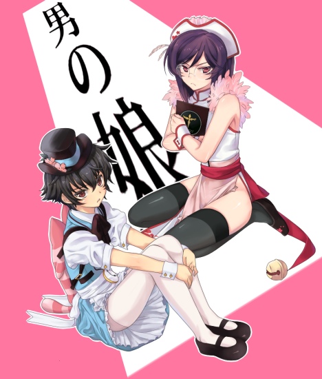 rio (otosuki), setsuna f. seiei, tieria erde, tomo (otosuki), gundam, gundam 00, otoko no ko wa meido fuku ga osuki!?, 2boys, black thighhighs, cosplay, crossover, dress, hat, male focus, mary janes, mini hat, mini top hat, multiple boys, parody, rio (otosuki) (cosplay), shoes, thighhighs, tomo (otosuki) (cosplay), top hat, trap, white thighhighs