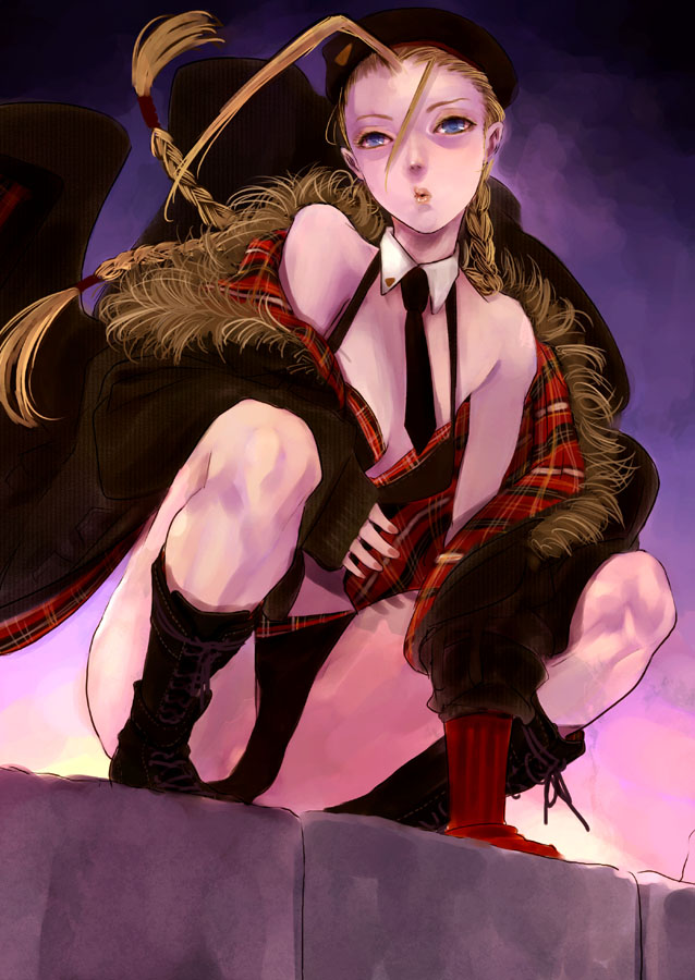 kito (coyo), cammy white, capcom, street fighter, 1girl, blonde hair, blue eyes, braid, female focus, long hair, necktie, solo, squatting, twin braids
