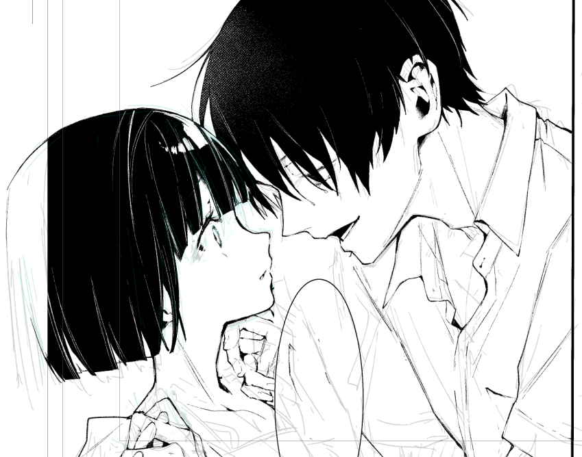 enomoto nao, original, unfinished, 1boy, 1girl, collared shirt, eye contact, face-to-face, greyscale, holding hands, interlocked fingers, looking at another, monochrome, open mouth, parted lips, shirt, short hair, smile, upper body