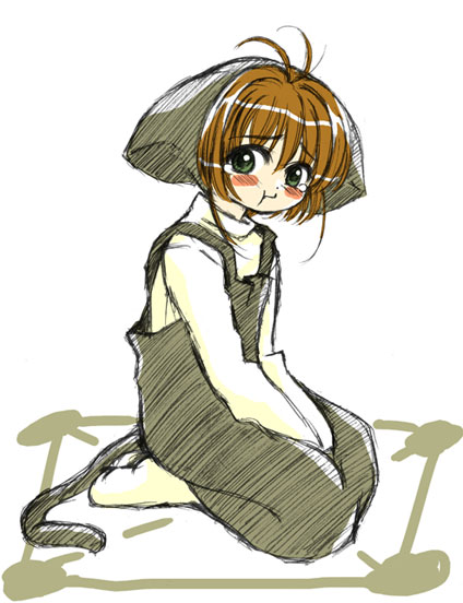 doushindou, kinomoto sakura, cardcaptor sakura, 1990s (style), 1girl, animal ears, blush, cat ears, cat tail, child, female focus, full body, green eyes, grey hat, hat, overalls, pout, retro artstyle, sitting, solo, tail