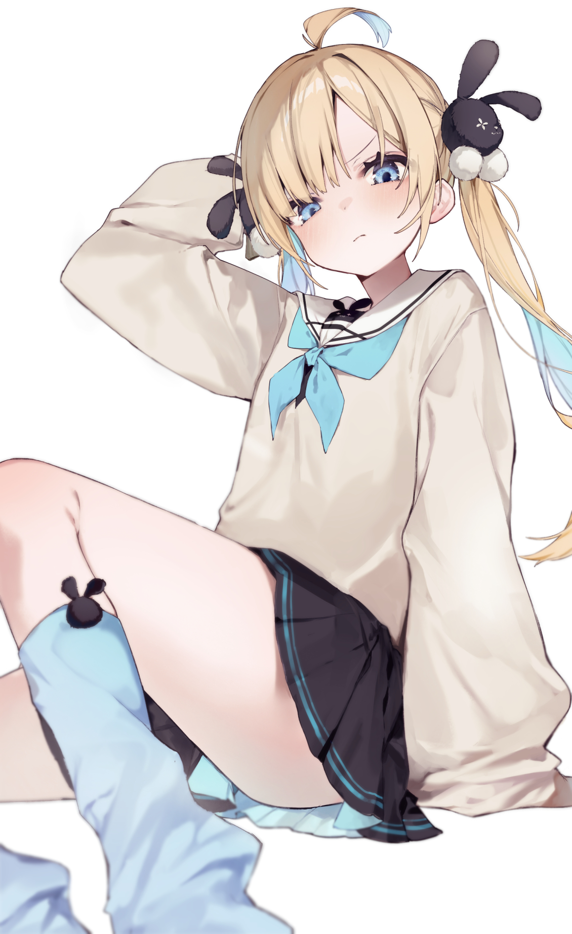 enomoto nao, original, commentary request, highres, 1girl, :/, ahoge, blonde hair, blue eyes, blue hair, flat chest, hair ornament, looking at viewer, loose socks, multicolored hair, rabbit hair ornament, school uniform, serafuku, sitting, skirt, socks, solo, sweater, twintails, two-tone hair