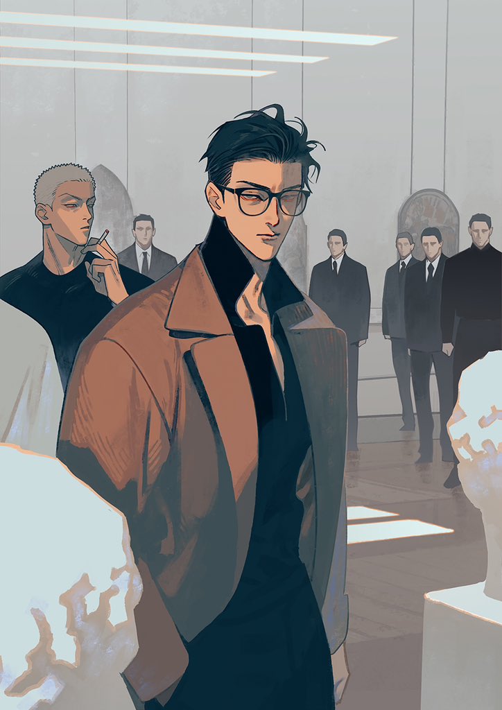 old xian, 19 tian, black-framed eyewear, black hair, black shirt, buzz cut, cigarette, formal clothes, grey hair, hand in pocket, he cheng, male focus, multiple boys, muscular, muscular male, necktie, qiu (19 tian), shirt, short hair, smoking, suit, very short hair