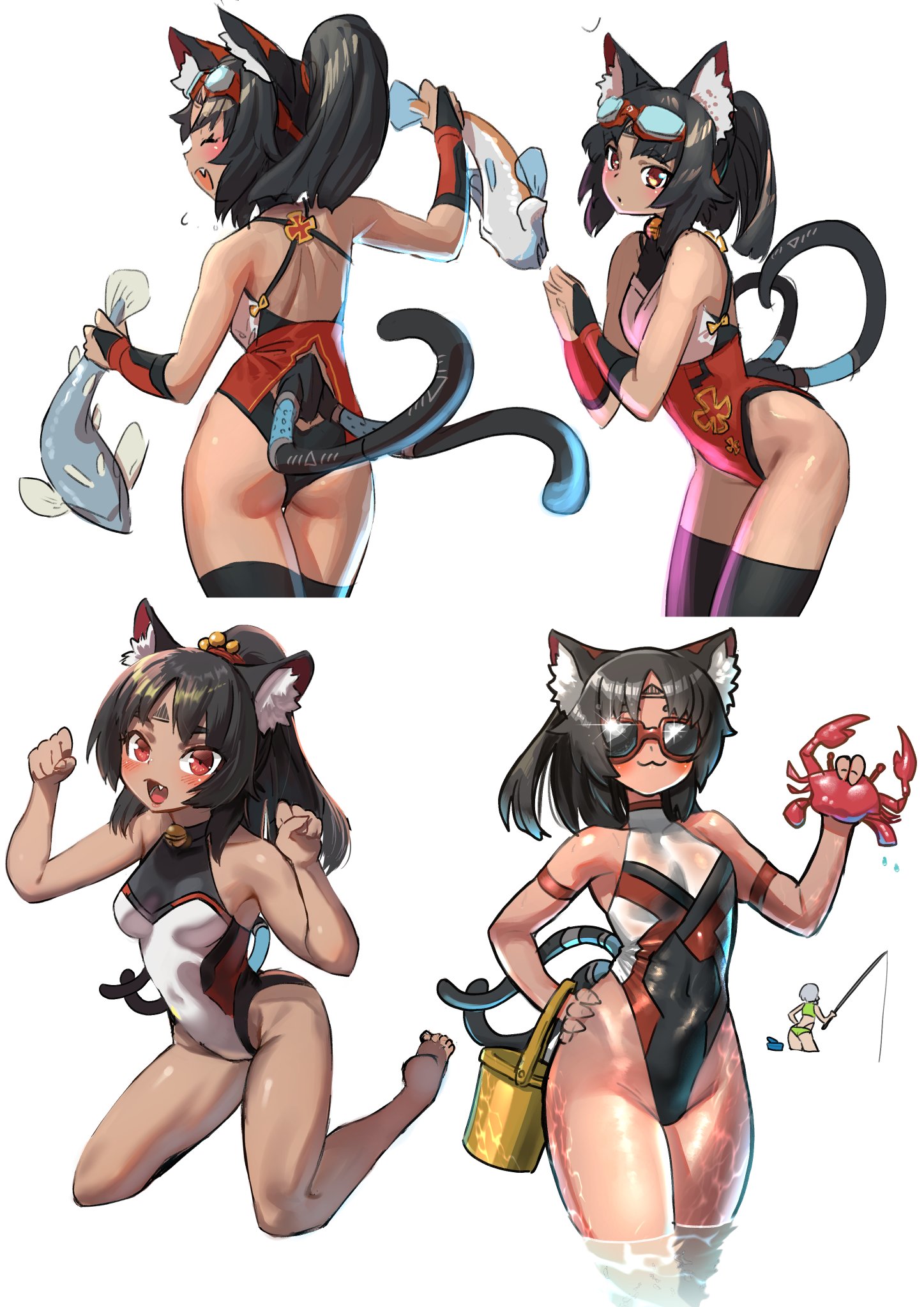 kamiyama kenta, anby demara, nekomiya mana, zenless zone zero, highres, 2girls, :3, animal, animal ear fluff, animal ears, armband, ass, back, barcode, barcode tattoo, bare shoulders, barefoot, bell, bikini, black hair, blush, bow, breasts, bucket, cable, cable tail, cat ears, cat girl, cat tail, closed eyes, closed mouth, covered navel, crab, diving mask, diving mask on head, facial mark, fang, fish, fishing rod, forehead mark, forehead tattoo, from behind, from side, goggles, goggles on head, green bikini, grey hair, hair ornament, hairband, hand on own hip, holding, holding animal, holding fish, looking at viewer, mechanical tail, multiple arm straps, multiple girls, multiple tails, neck bell, one-piece swimsuit, open mouth, paw pose, red armband, red hairband, see-through clothes, solo, standing, sunglasses, swimsuit, tail, tattoo, thighhighs, triangle, triangle facial mark, two tails, water, white background, wristband, yellow bow
